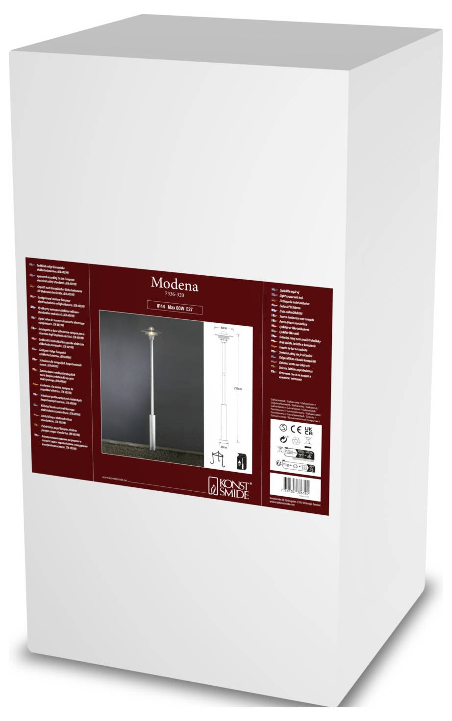 Vysoký bílý box zobrazující stojací lampu s tenkou tyčí a kulatou základnou. Box je označen nápisem 'Modena' a obsahuje technické specifikace produktu.