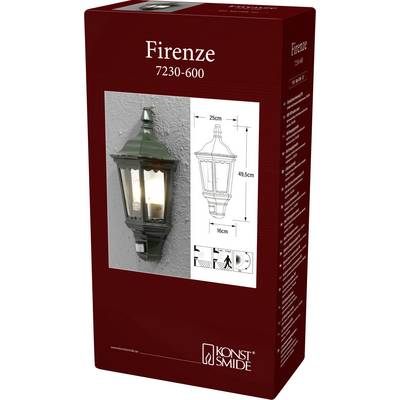 Osvětlení Firenze 7230-600 venkovní nástěnná lucerna v krabici zobrazující produktový obrázek, rozměry (25 cm x 49,5 cm) a značku Konst Smide.