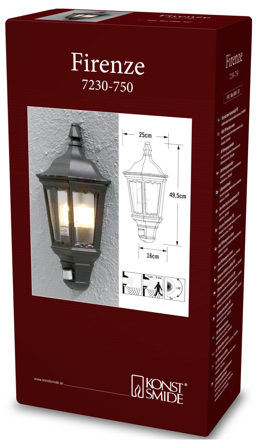 Obal nástěnné venkovní lampy 'Firenze' zobrazující obrázek výrobku, rozměry (výška 49,5 cm, šířka 25 cm, hloubka 16 cm) a značku Konstsmide.