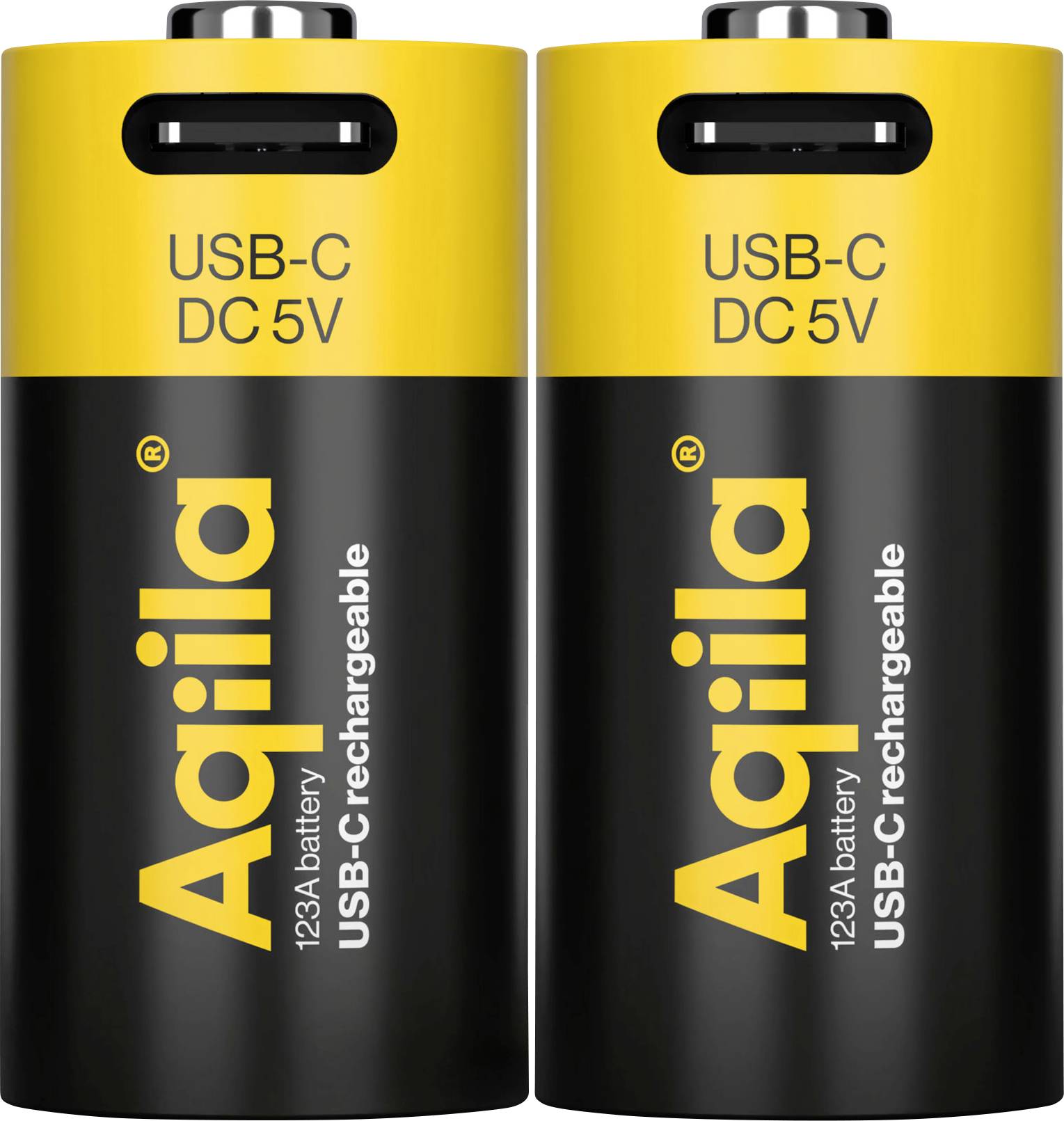 Dva válcové černožluté USB-C dobíjecí akumulátory s nápisem „Aquila", „123A Baterie" a „USB-C DC 5V" tučným písmem.