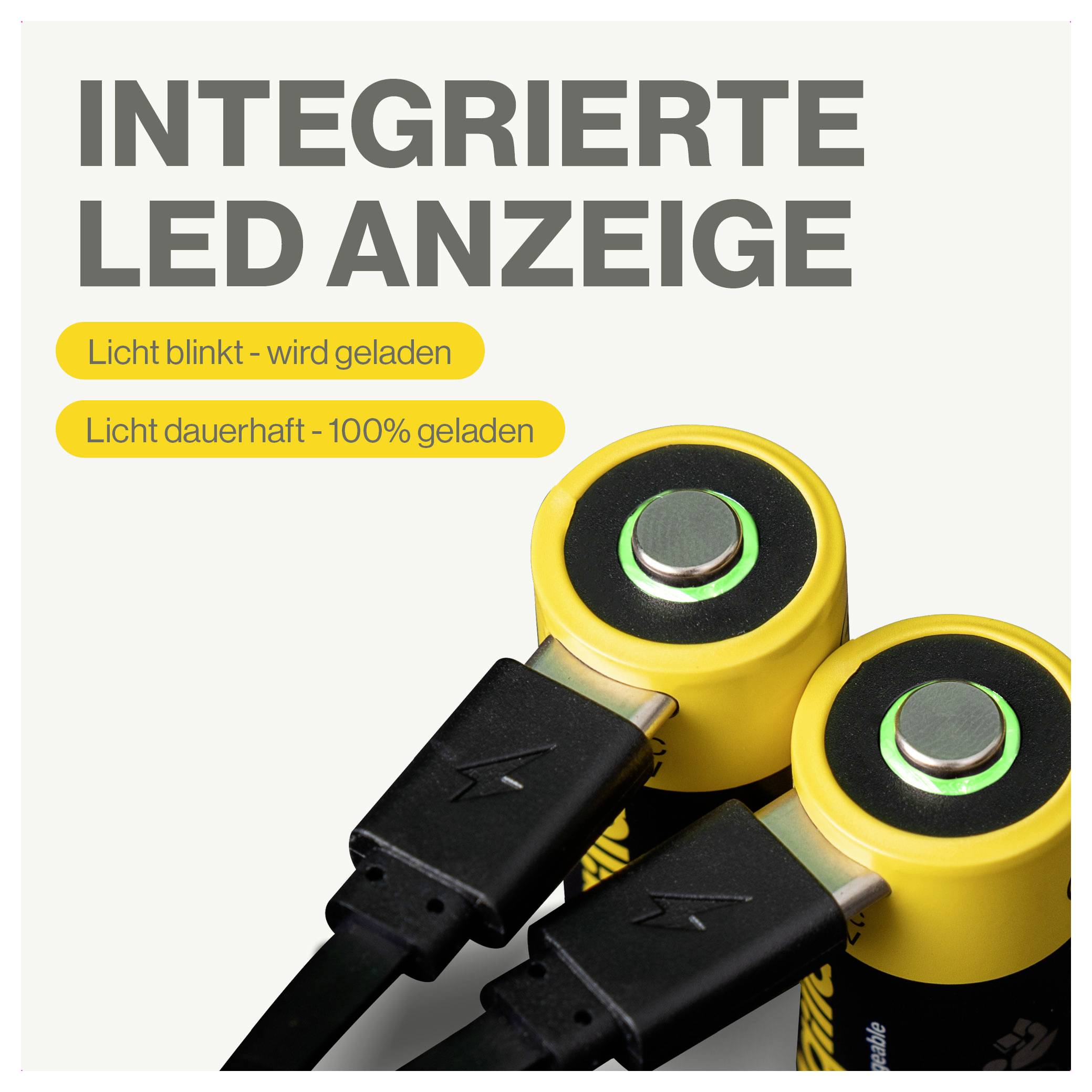 Dvě žluté baterie s USB konektory a LED diodami. Text: 'Integrovaný LED indikátor', 'Blikající světlo - probíhá nabíjení', 'Trvalé světlo - 100% nabito'.