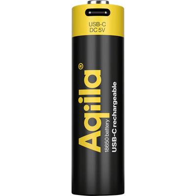Dobíjecí baterie 18650 s USB-C, značka Aqila, černá se žlutým víčkem, označená pro 5V DC.