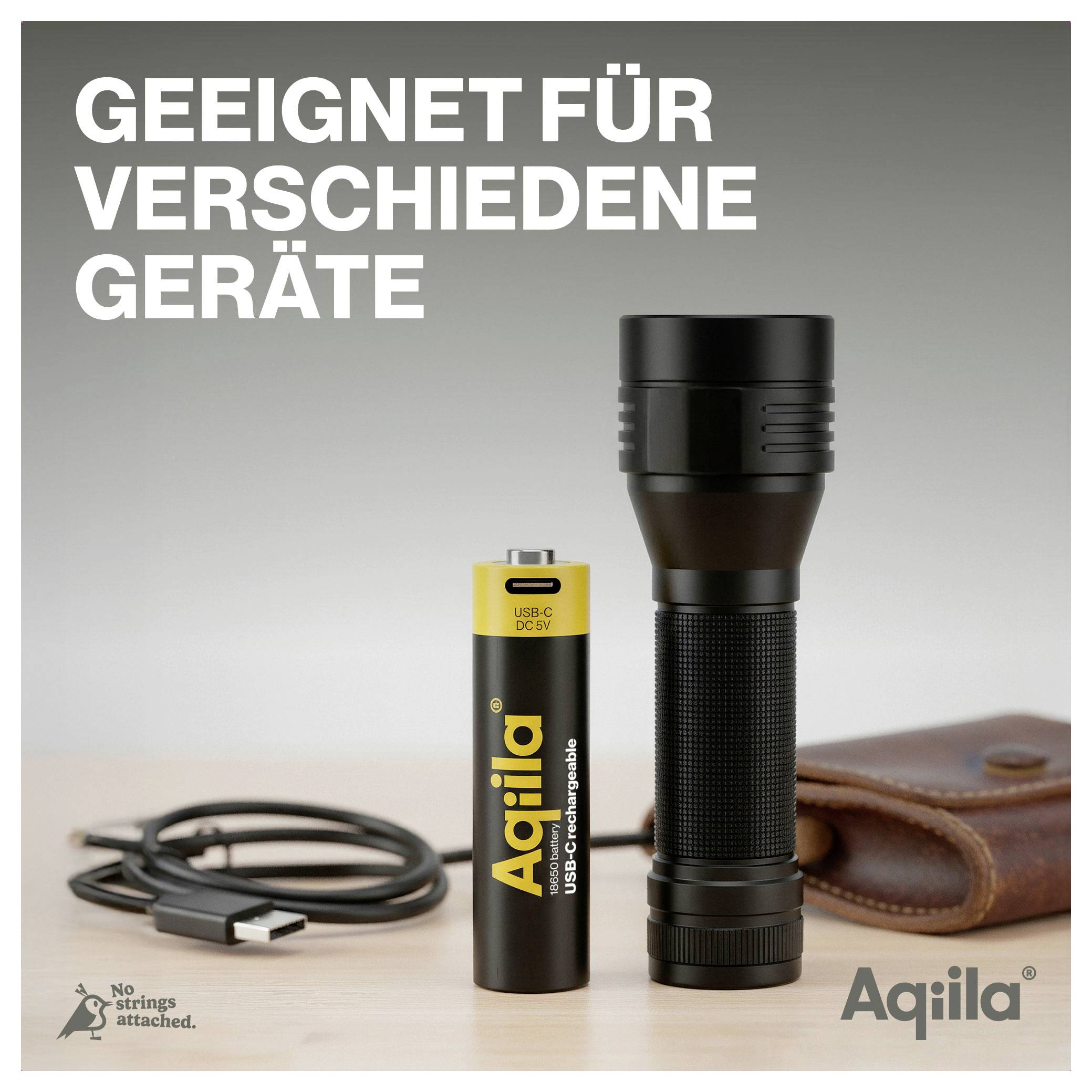 Baterie a svítilna leží na stole. Vedle nich je kabel USB-C a kožené pouzdro. Text: 'Vhodné pro různá zařízení'.
