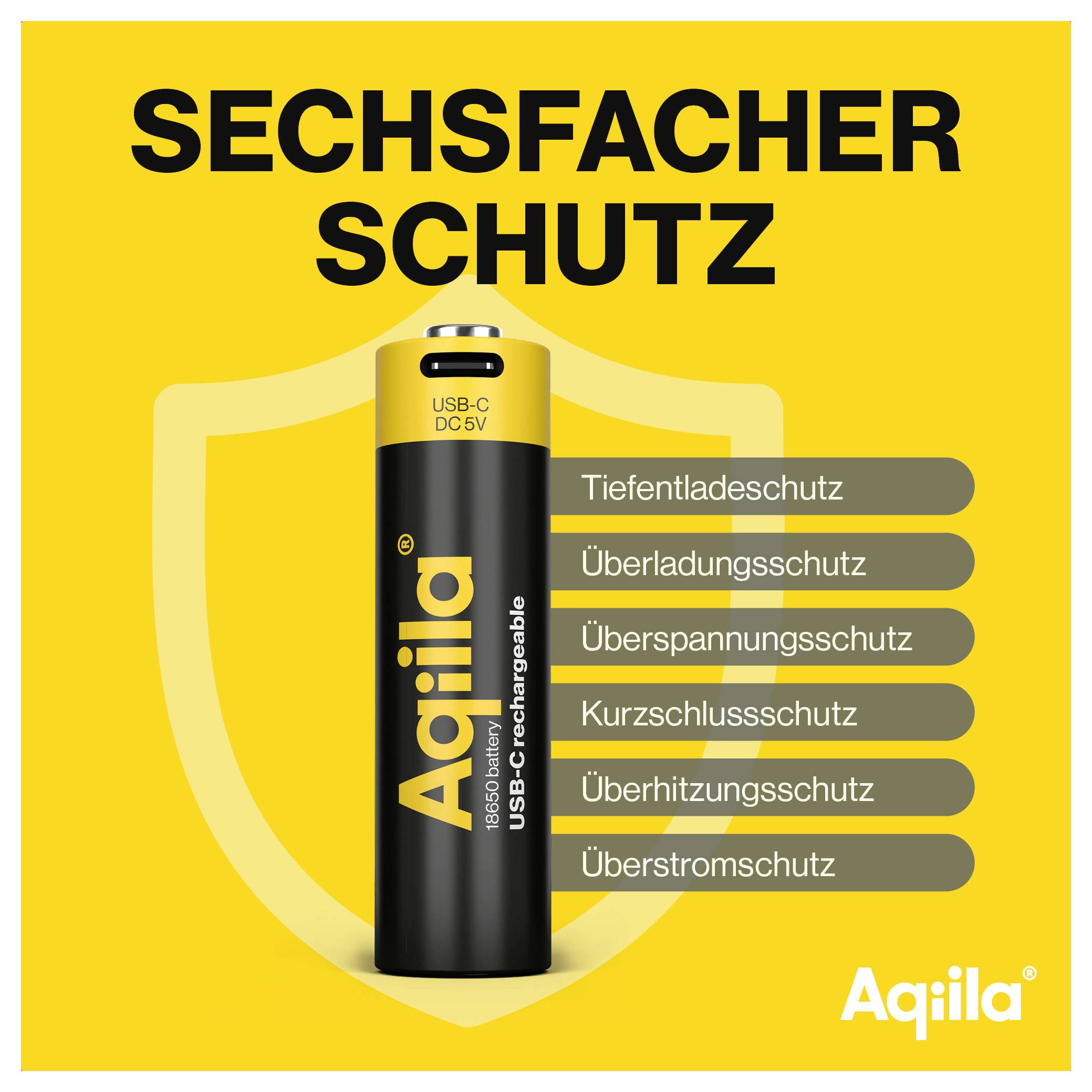 Baterie 'Aquila' s USB-C konektorem, s šesti ochrannými funkcemi: ochrana před hlubokým vybitím, ochrana před přebitím, ochrana před přepětím, ochrana před zkratem, ochrana před přehřátím a ochrana před nadproudem.