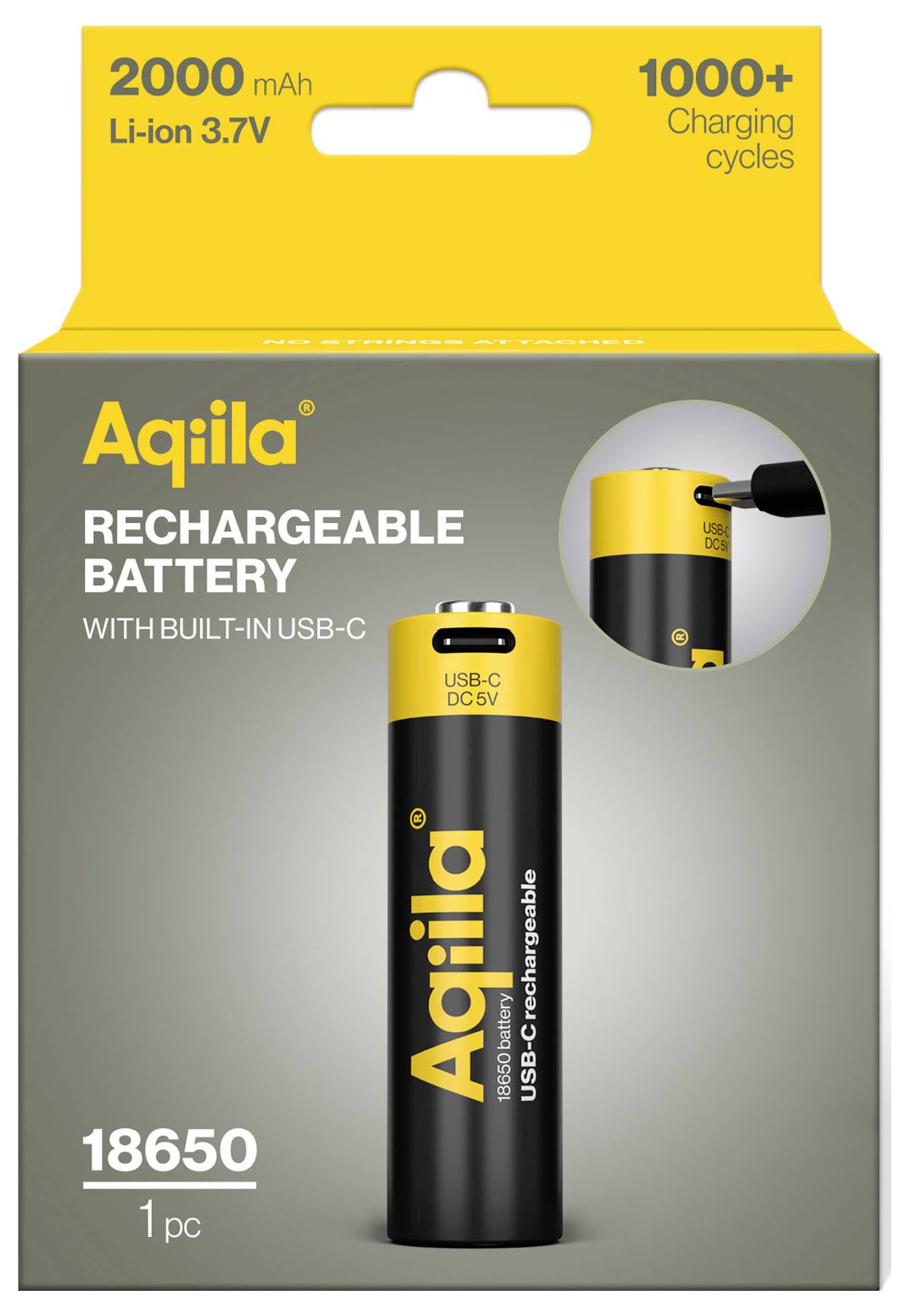 'Aquila dobíjecí baterie 18650' s integrovaným USB-C, 2000 mAh, 3,7V, přes 1000 nabíjecích cyklů. Obrázek baterie na obalu.