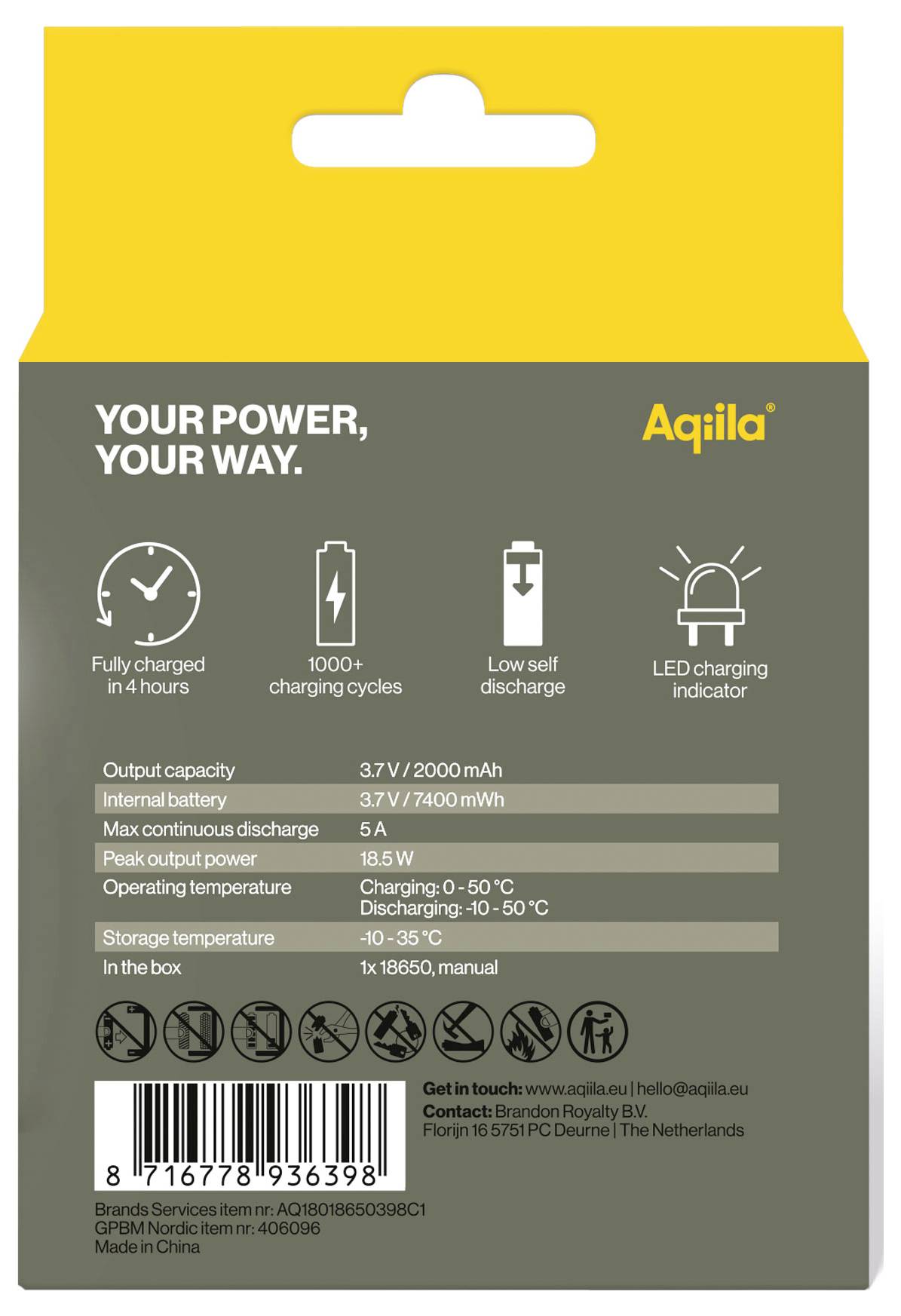 Zadní strana bateriového balení s údaji jako kapacita (2000mAh), nabíjecí cykly, vybíjecí proud a teplotní rozsah. Obsahuje LED indikátor nabíjení.