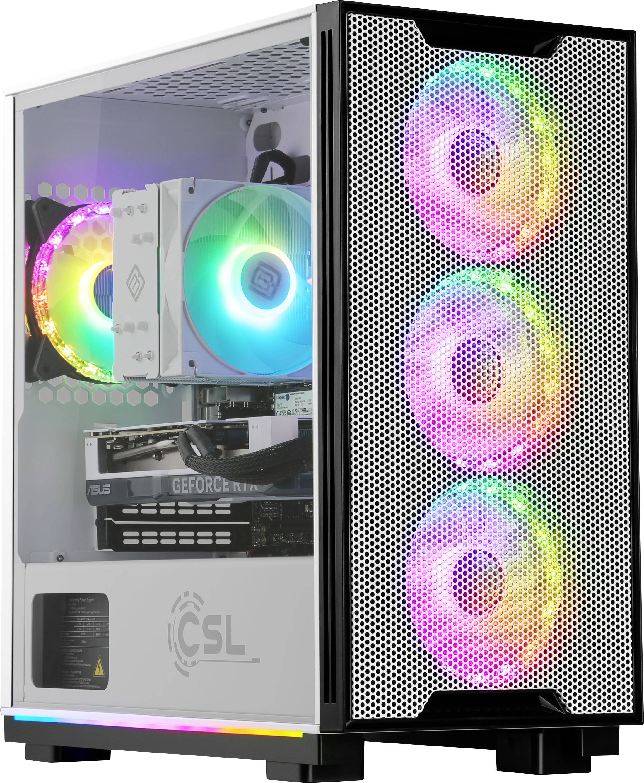 Počítač s průhledným bočním panelem zobrazující vnitřní komponenty, včetně barevných RGB ventilátorů a grafické karty.