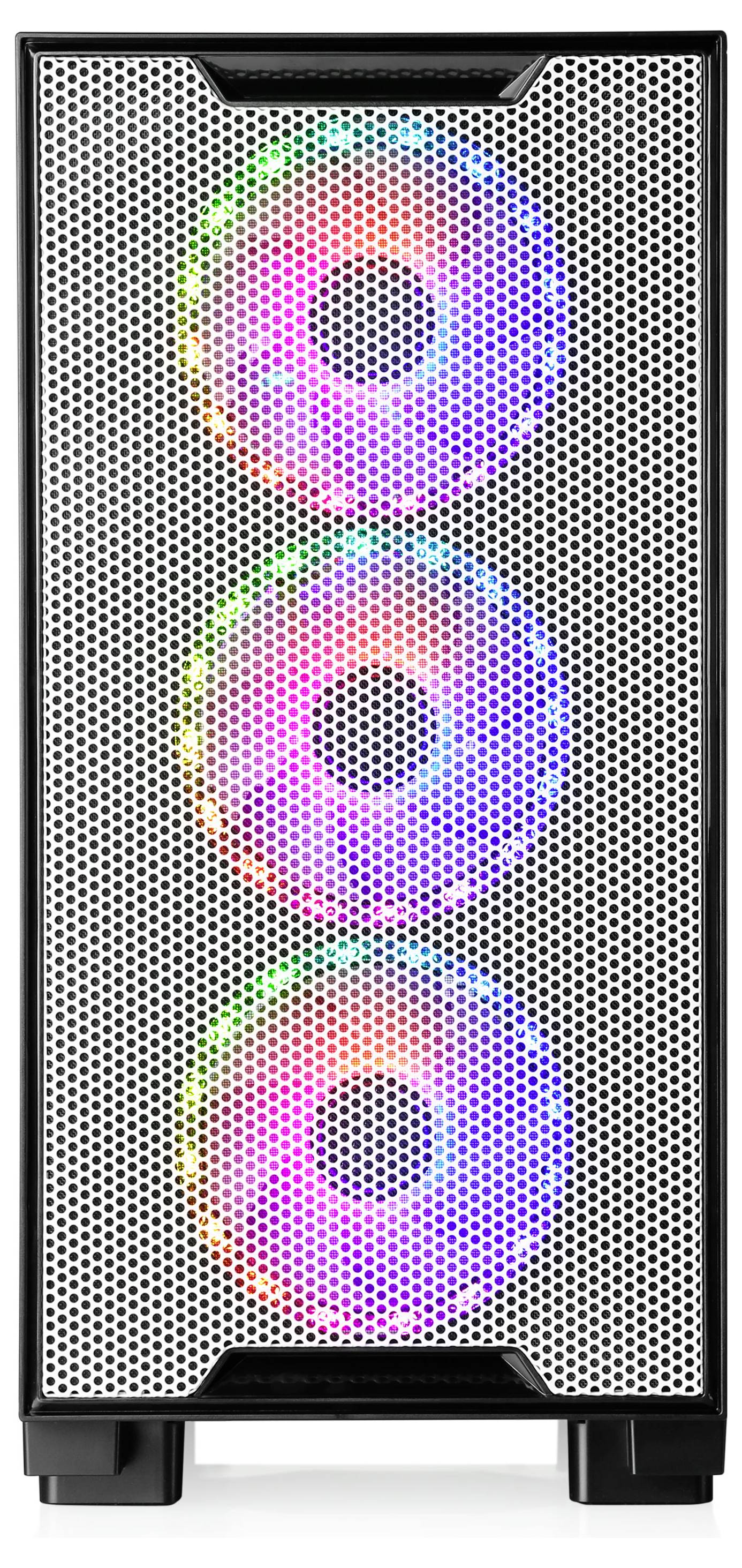 Počítačová věž s mřížovaným předním panelem, která odhaluje tři vertikálně umístěné RGB osvětlené ventilátory vyzařující barevné světlo.
