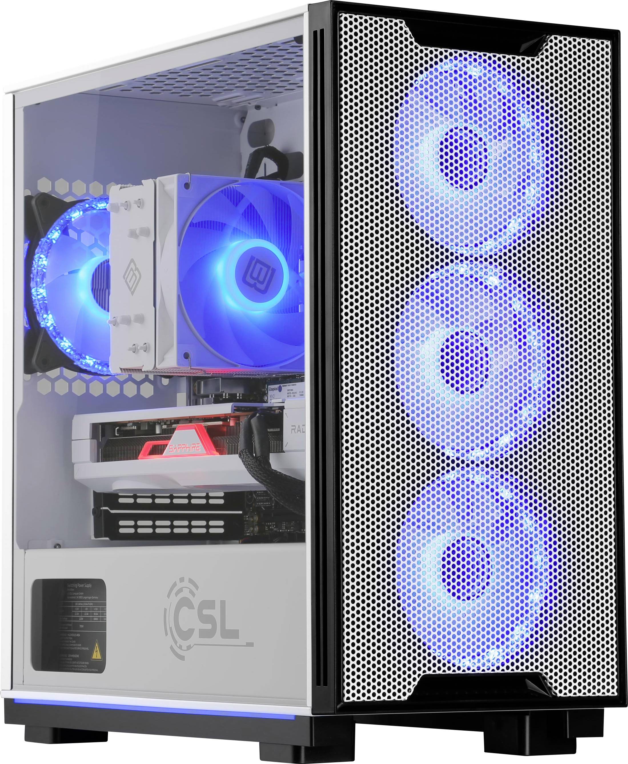 Průhledný PC case odhalující vnitřní komponenty s výraznými modrými LED ventilátory a hardwarovou konfigurací, včetně chladicích systémů a napájecího zdroje.