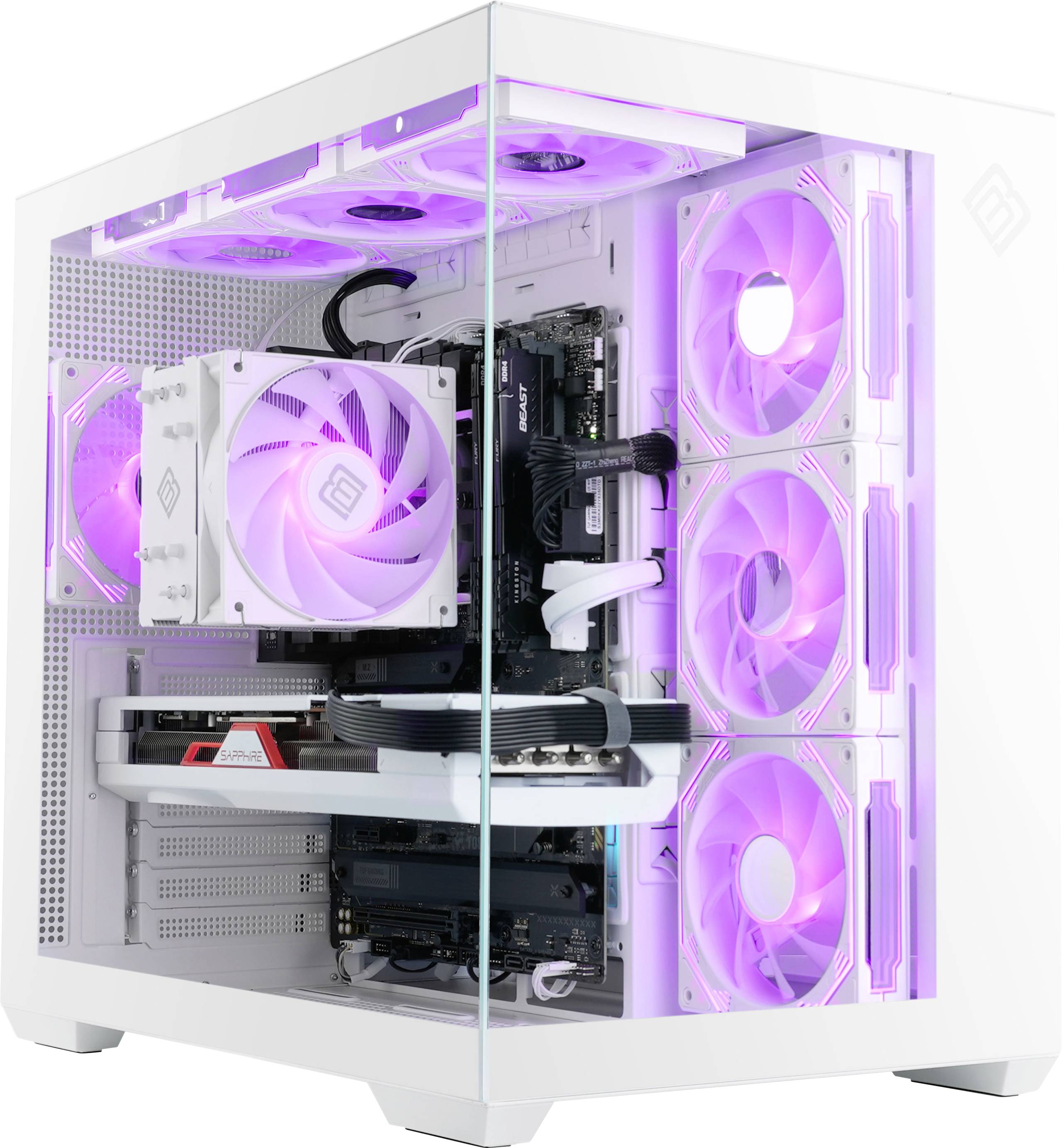 Bílý herní počítač se skleněnými bočními panely ukazuje svítící fialové LED ventilátory a komponenty pečlivě uspořádané uvnitř skříně.