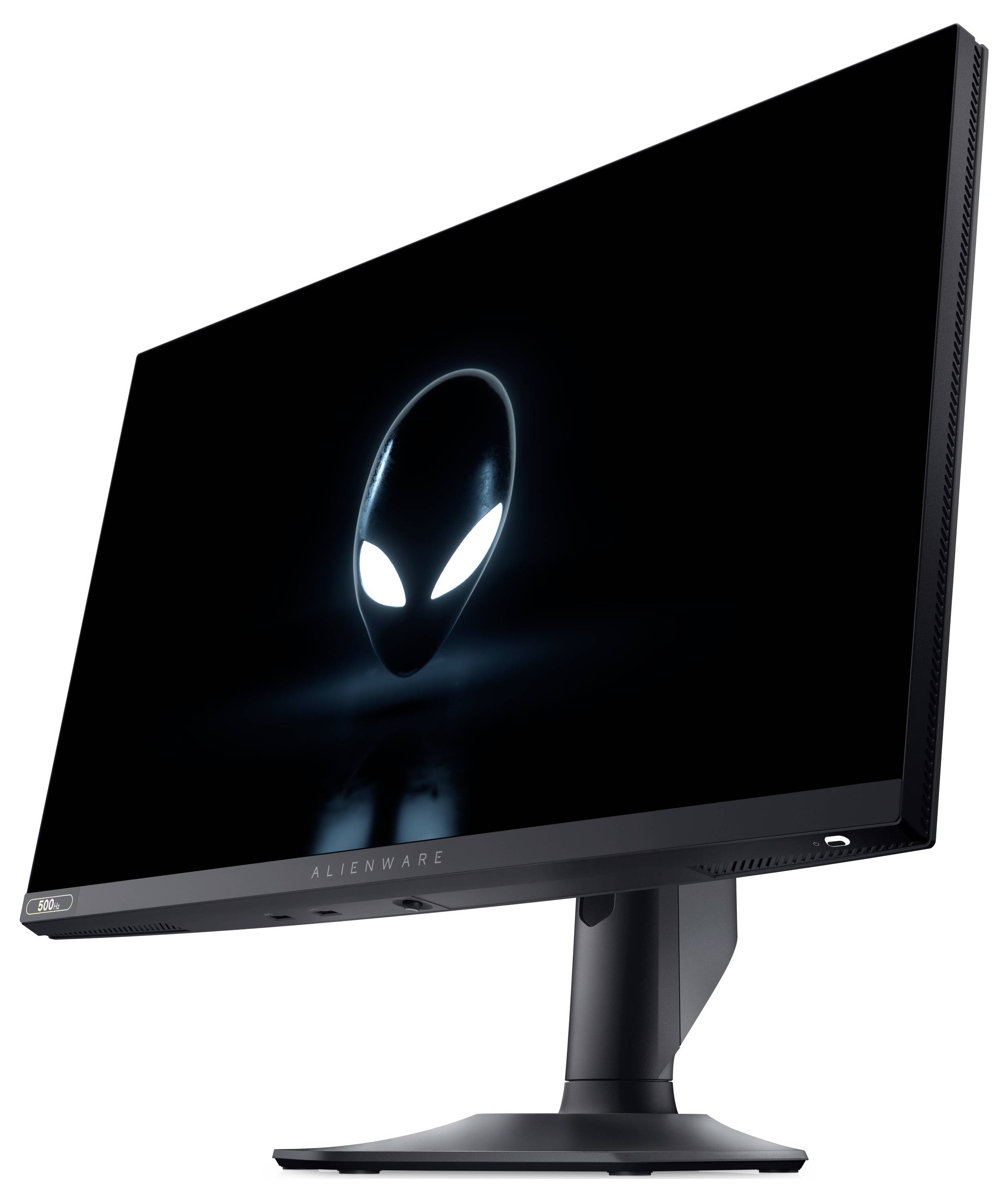 Elegantní černý počítačový monitor s logem mimozemšťana s zářícíma očima na tmavém displeji, stojící na pevné podstavě.