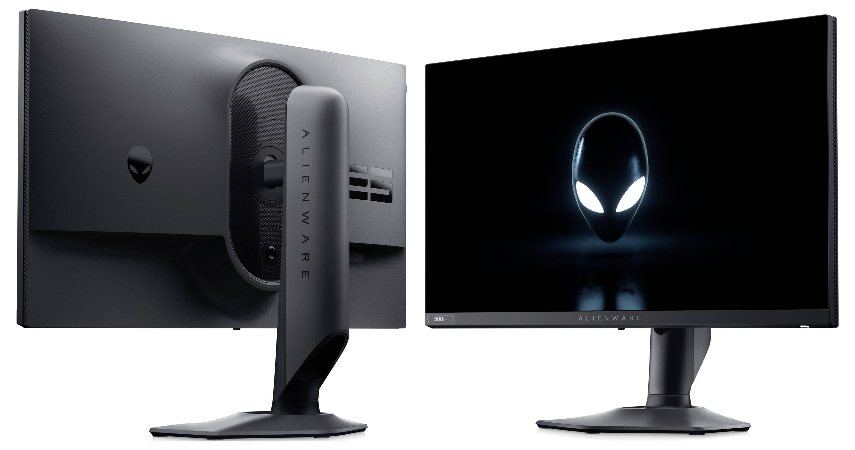 Duální pohledy na monitor Alienware: čelní pohled ukazuje svítící logo hlavy mimozemšťana na displeji; zadní pohled zdůrazňuje elegantní stojan a značku.