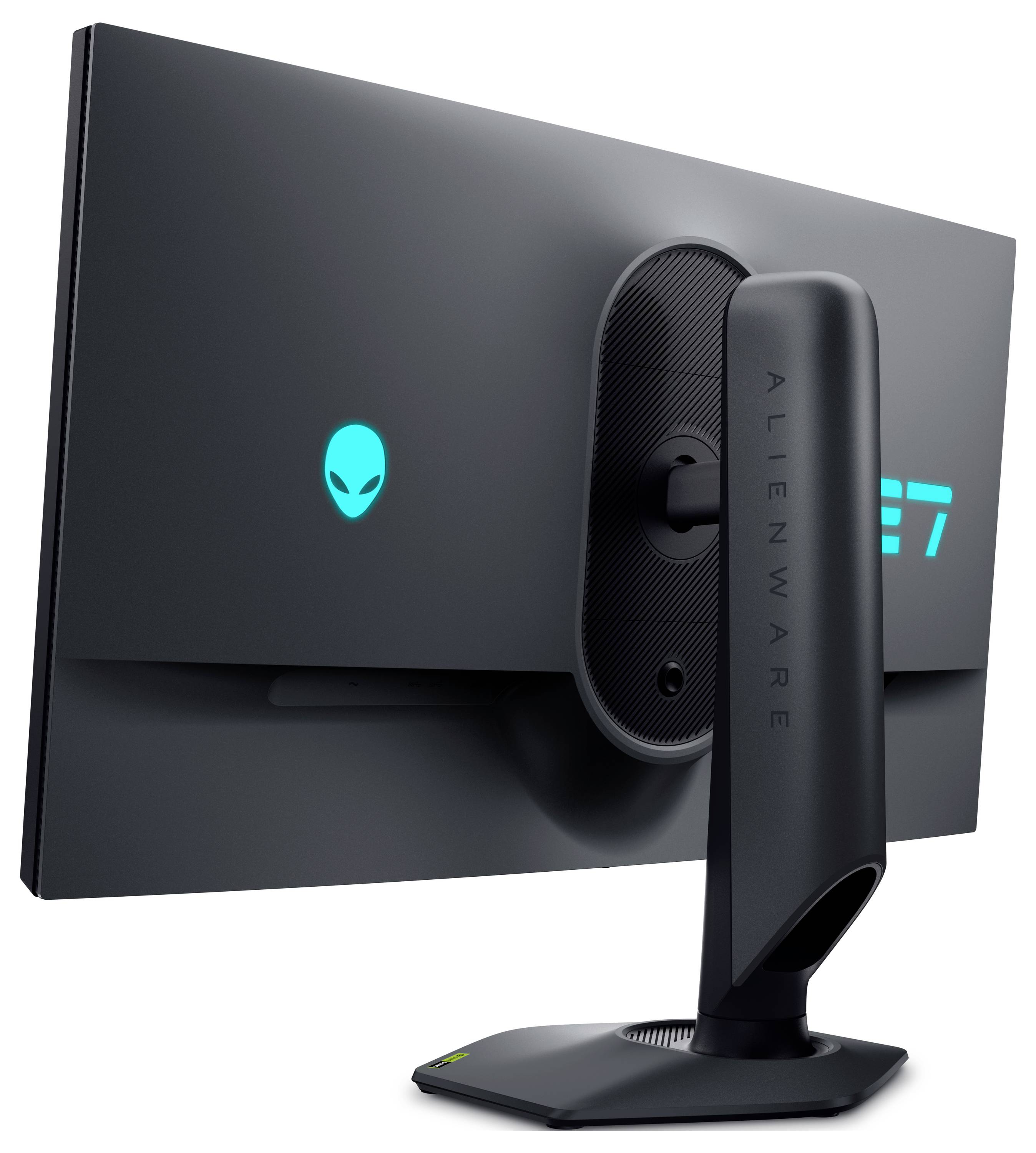 Černý monitor Alienware pohledem zezadu, ukazující jeho stojan a osvětlené logo mimozemšťana. Model s číslem AW2723DF je viditelný.