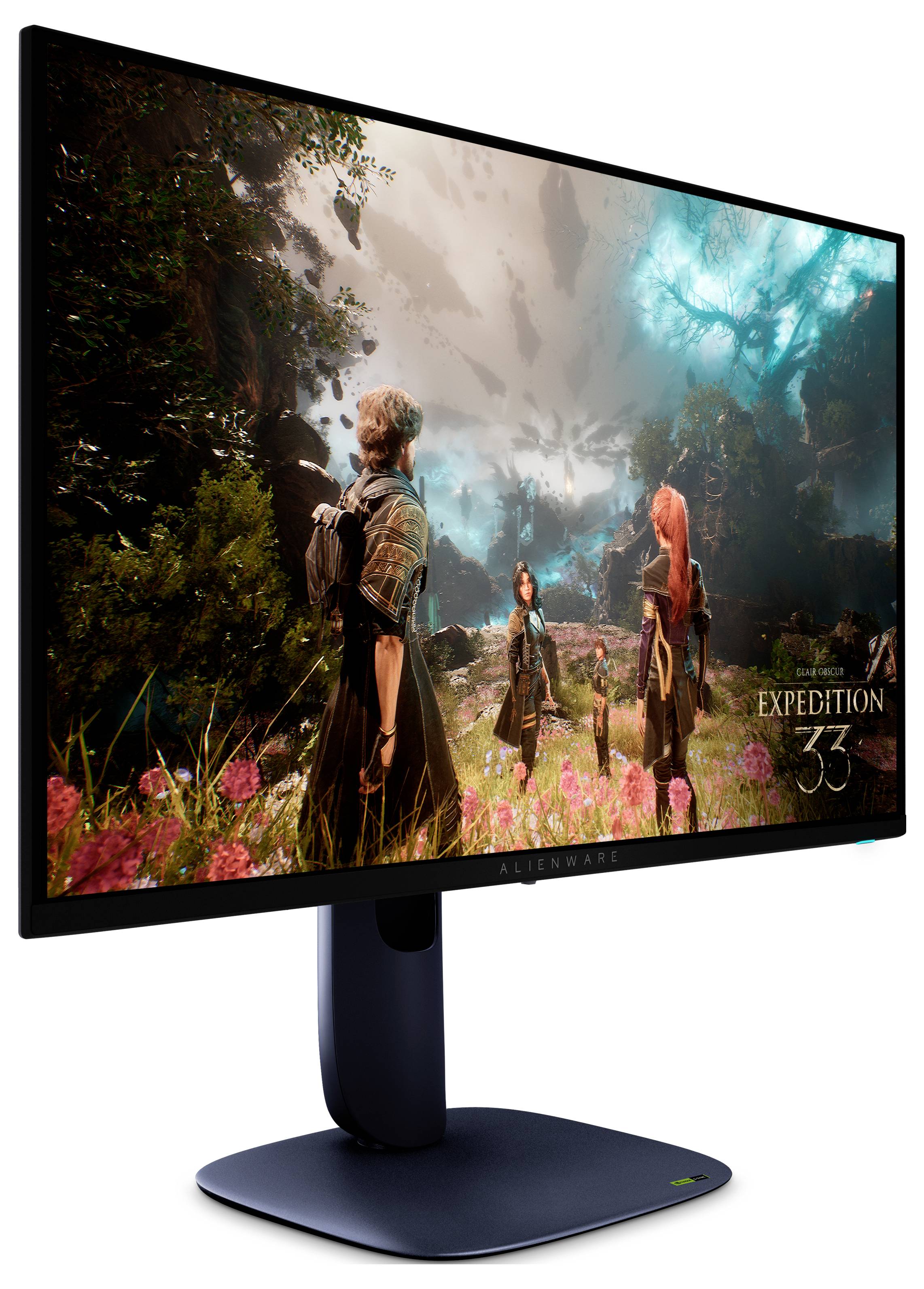 Monitor Alienware zobrazující scénu z fantasy hry se třemi postavami. Na obrazovce jsou patrné sytné barvy a detailní krajina.