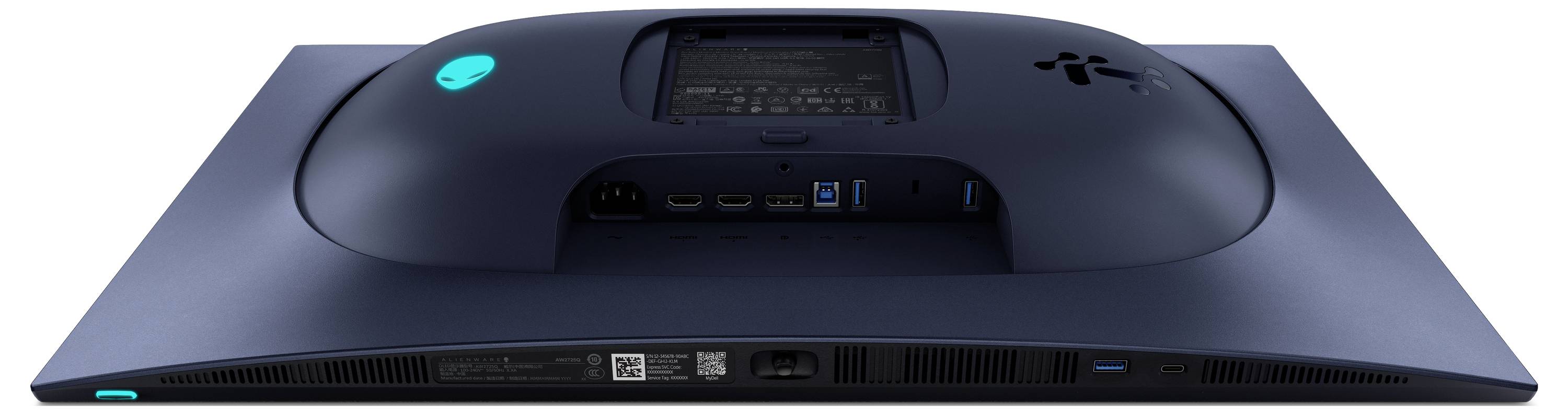 Zadní pohled na počítačový monitor zobrazující různé porty včetně HDMI a USB, navržený s elegantním, moderním designem pouzdra.