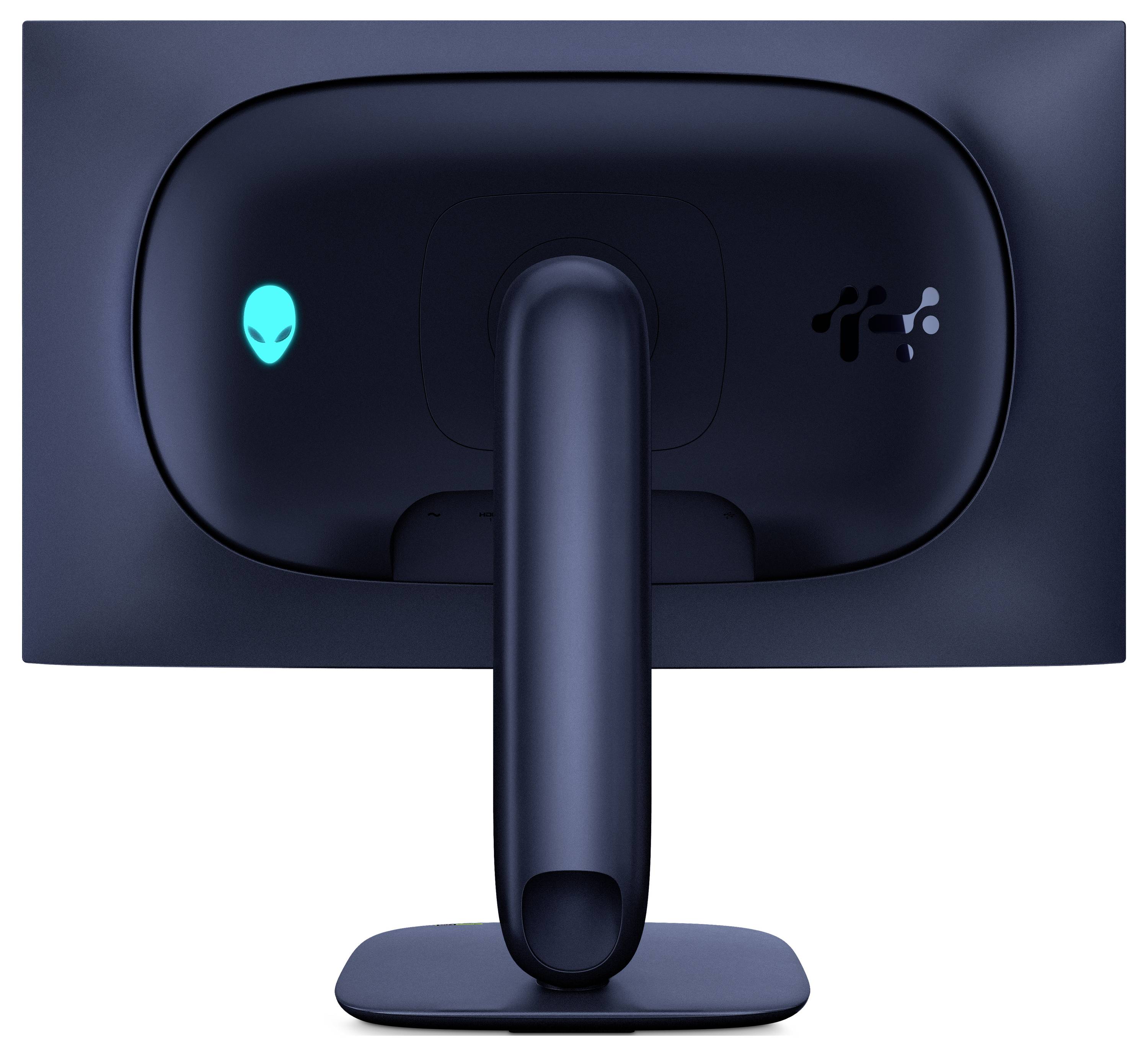 Monitor viděný zezadu, s logem mimozemšťana a futuristickým designem s prohnutým stojanem.