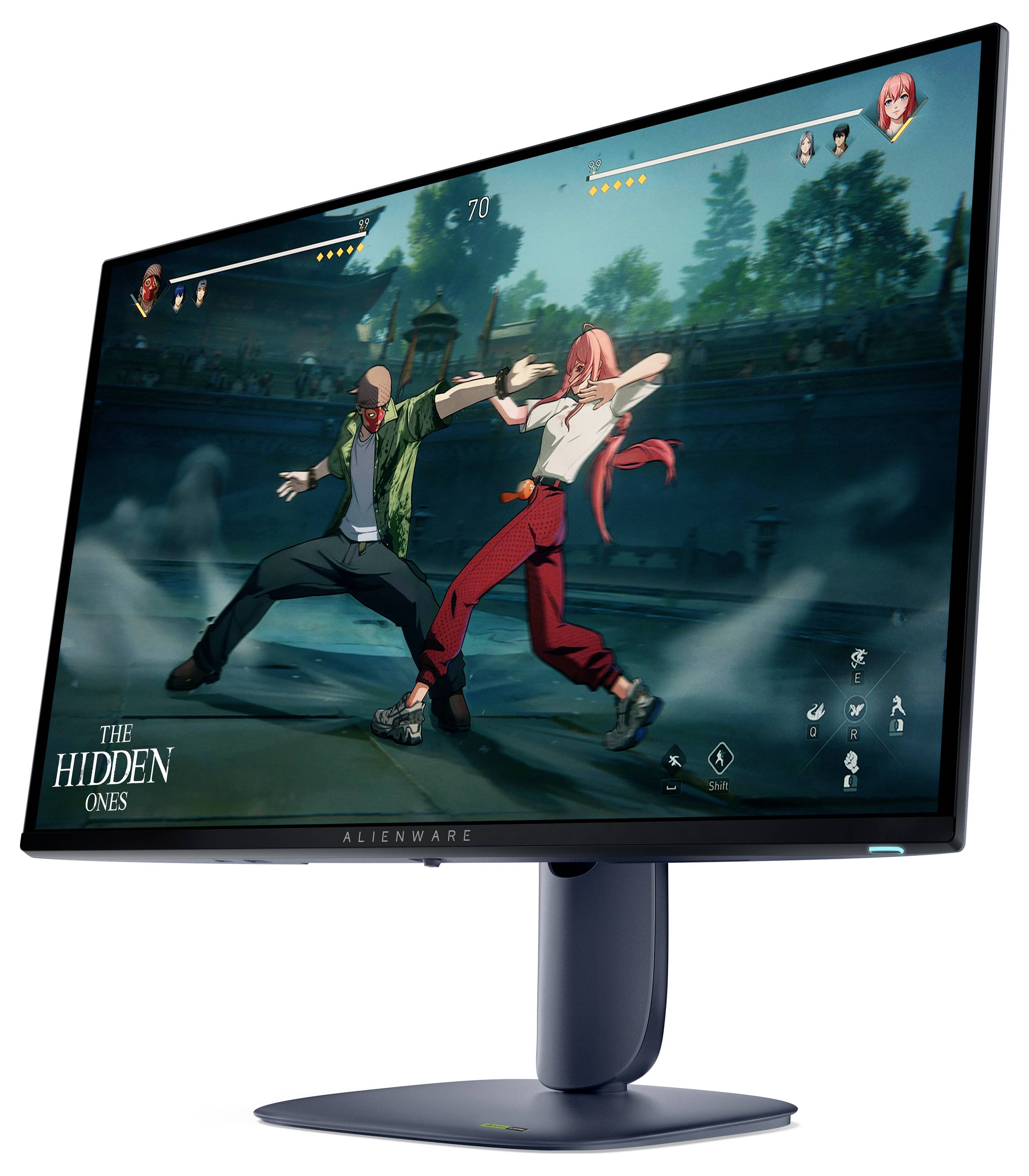 Elegantní herní monitor Alienware zobrazuje intenzivní scénu z bojové hry, kde jsou dva postavy zapojeny do souboje v městském prostředí.