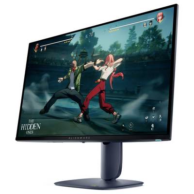 Elegantní herní monitor Alienware zobrazuje intenzivní scénu z bojové hry, kde jsou dva postavy zapojeny do souboje v městském prostředí.