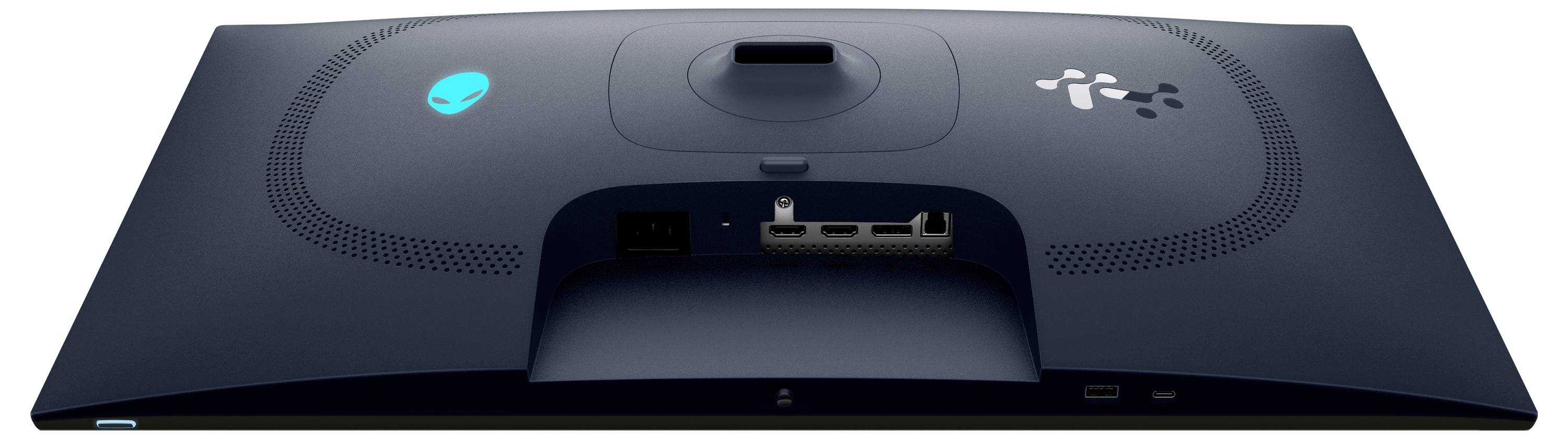 Zadní pohled na monitor zobrazující porty a firemní loga, včetně portů HDMI a USB, naznačuje možnosti připojení.