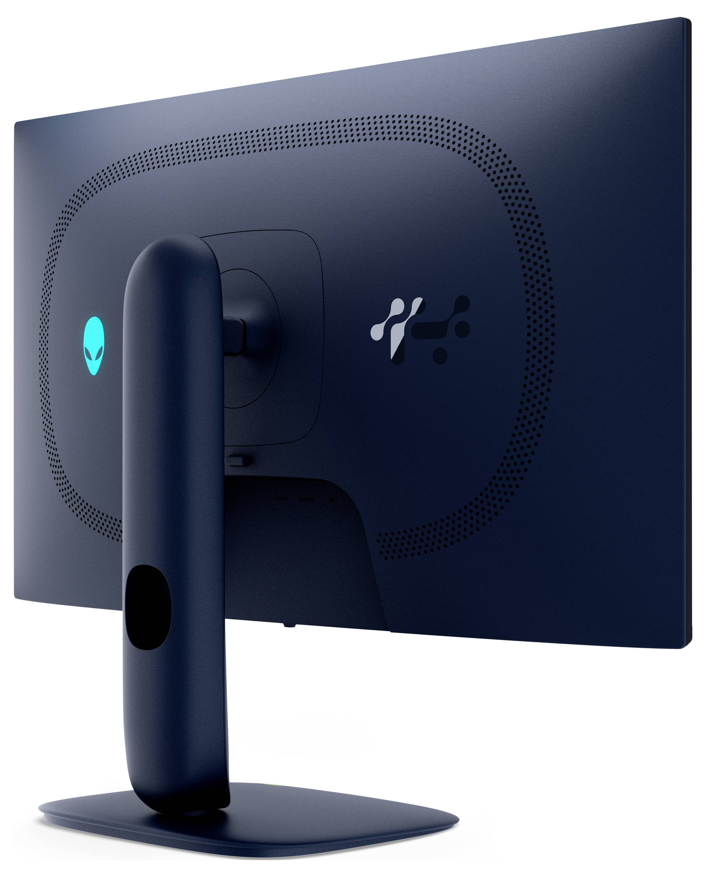 Pohled zezadu na monitor zobrazující porty a značkové ikony, včetně USB, HDMI a napájecího připojení.