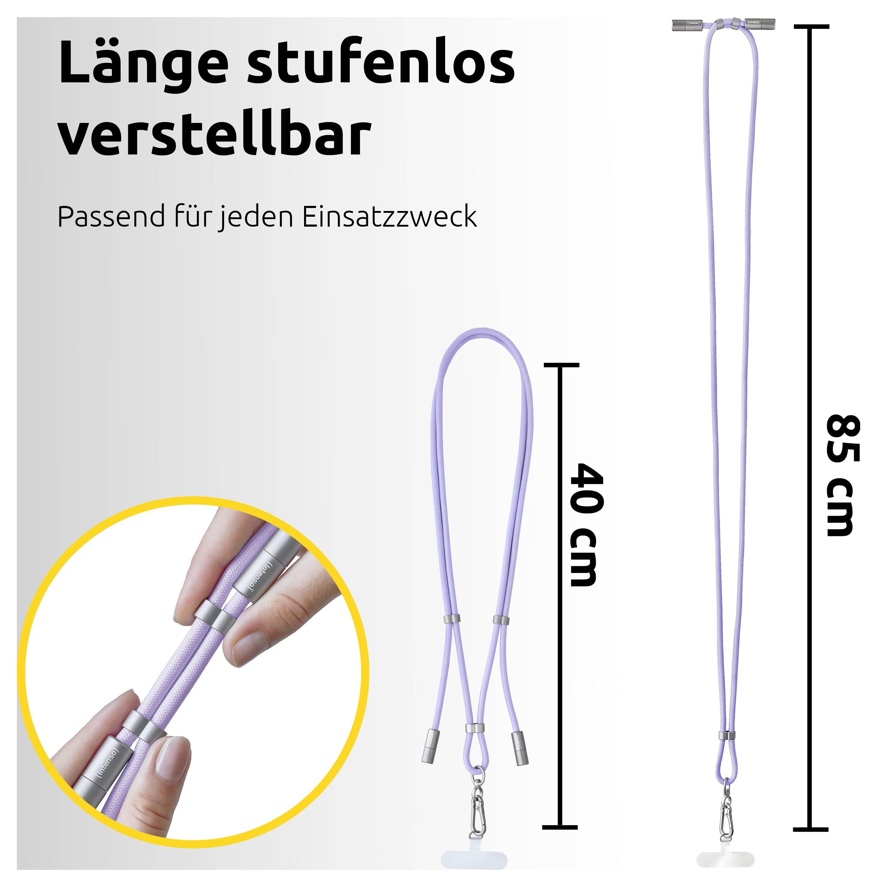 Nastavitelná fialová šňůrka s kovovými sponkami, zobrazená v délce 40 cm a 85 cm. Vlastnosti jsou zvýrazněny v malém vloženém obrázku. Text v němčině: „Délka plynule nastavitelná".