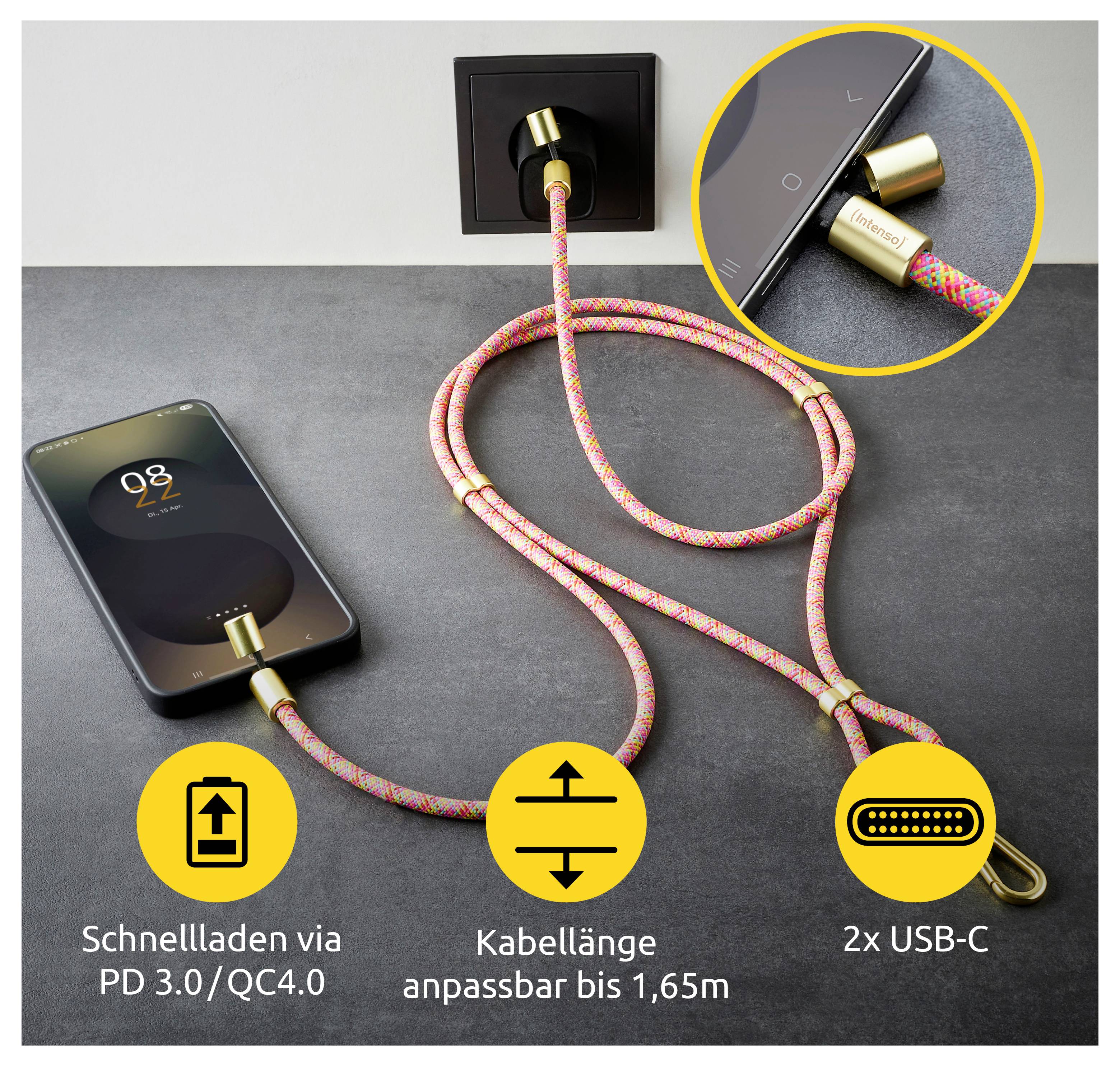 Barevný, nastavitelný nabíjecí kabel USB-C se dvěma konektory je zapojen do elektrické zásuvky a telefonu. Text zvýrazňuje rychlé nabíjení s technologiemi PD 3.0/QC 4.0 a nastavitelnou délkou až 1,65 metru.