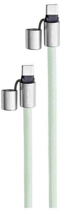 Dva stříbrné válcové magnetické USB-C konektory se zelenými opletanými kabely, zobrazené z boku.