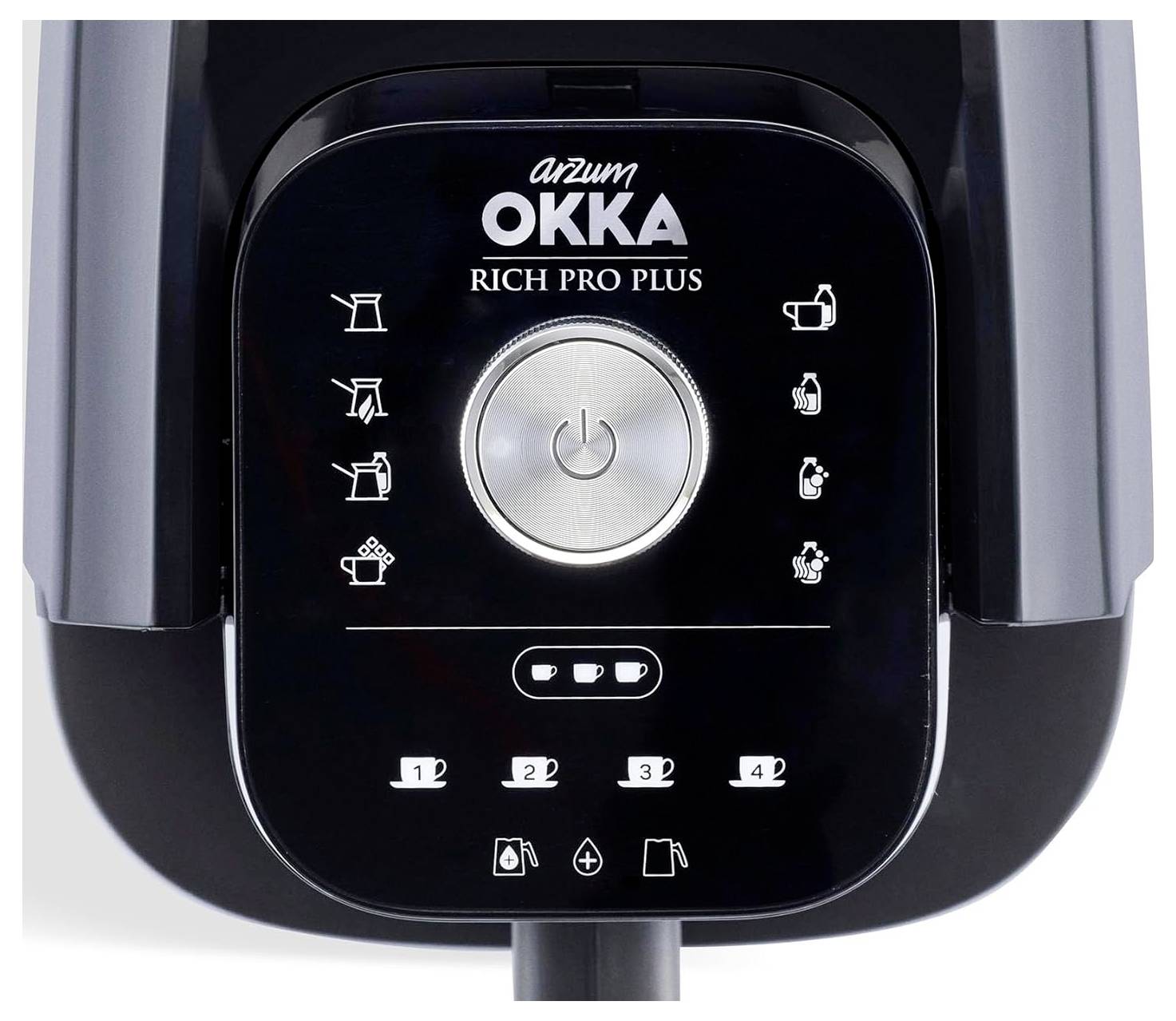 Černý ovládací panel kávovaru s kruhovým centrálním tlačítkem, různými ikonami znázorňujícími možnosti nápojů a nápisem 'OKKA RICH PRO PLUS'.