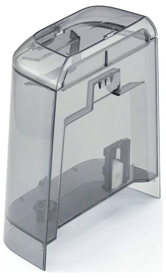 Průhledný šedý plastový kontejner s oddělením a víkem, používaný pro ukládání malých předmětů nebo doplňování produktu.