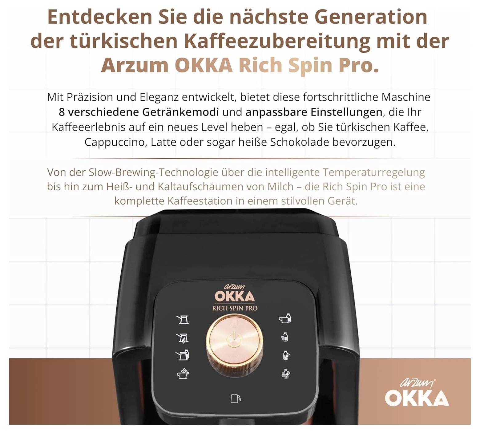 Kávovar Arzum OKKA Rich Spin Pro s přizpůsobitelnými nastaveními pro 8 nápojů, zdůrazňující technologii pomalého vaření pro bohatou chuť.