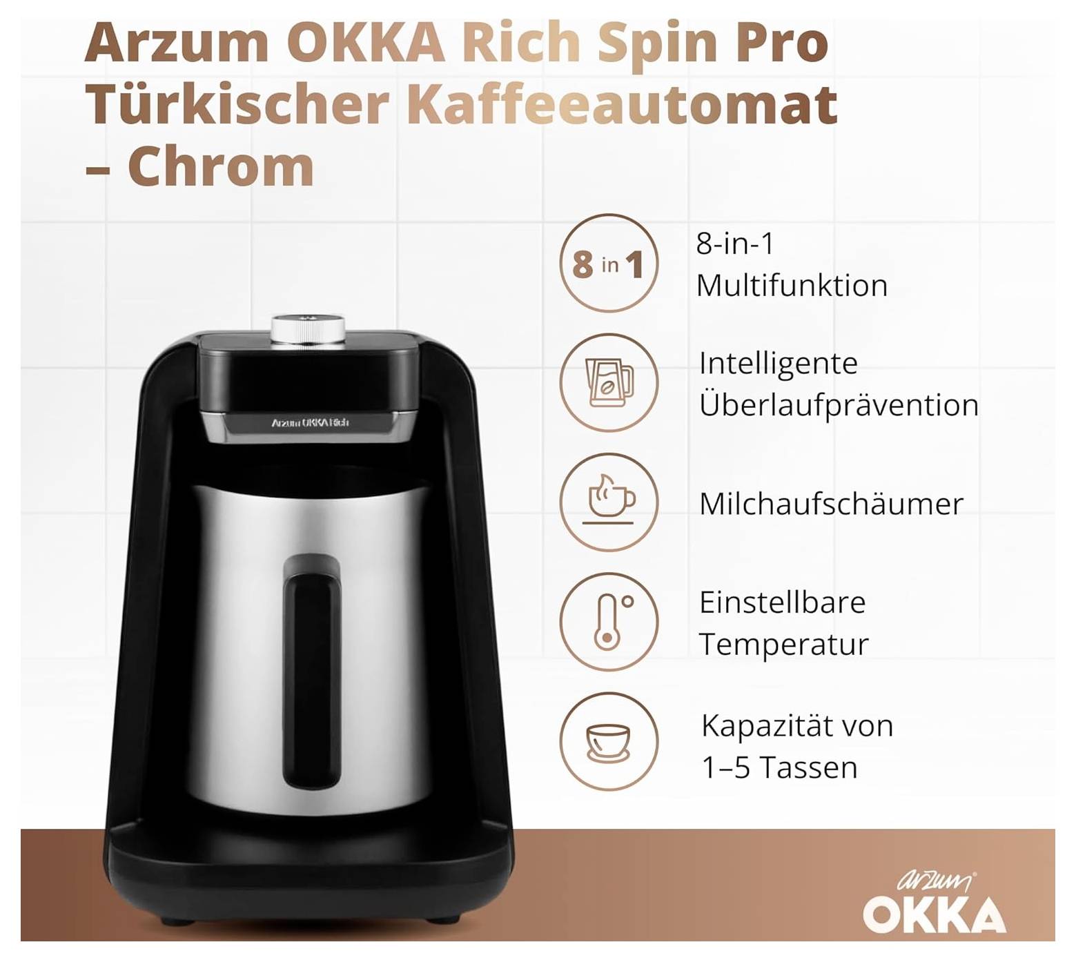 Kávovar na tureckou kávu 'Arzum OKKA Rich Spin Pro' s funkcemi: 8v1 multifunkční, inteligentní prevence přetečení, napěňovač mléka, nastavitelná teplota, servíruje 1-5 šálků.