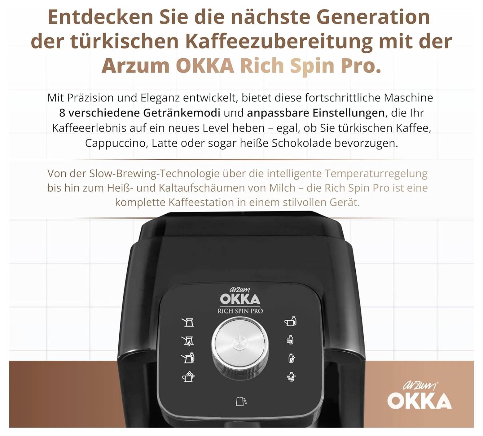 Kávový přístroj 'Arzum OKKA Rich Spin Pro' s několika nastaveními, zvýrazněný na světlém pozadí s vysvětlujícím textem nahoře.