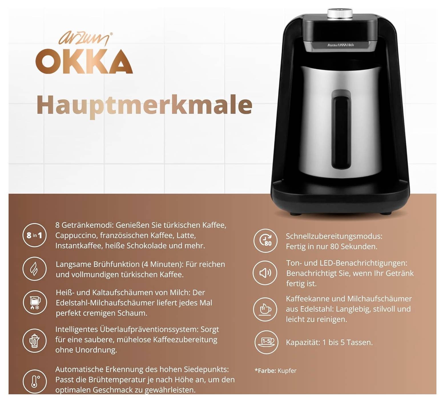 Charakteristiky Arzum OKKA: 8 druhů kávy, napěnění mléka, rychlé vaření (4 min), zvukové/LED signalizace a kapacita 1,5 šálku.