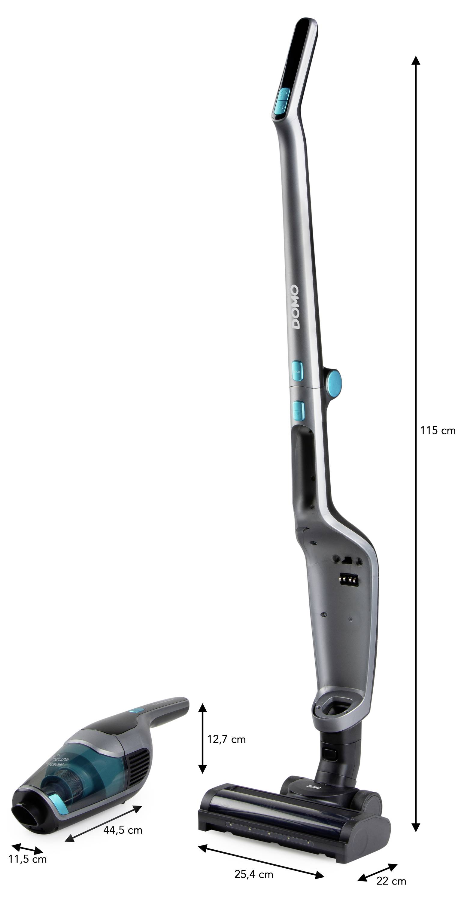 Elegantní černý a modrý svislý vysavač s odnímatelnou ruční komponentou. Rozměry jsou vyznačeny: 115 cm vysoký, 22 cm široký.