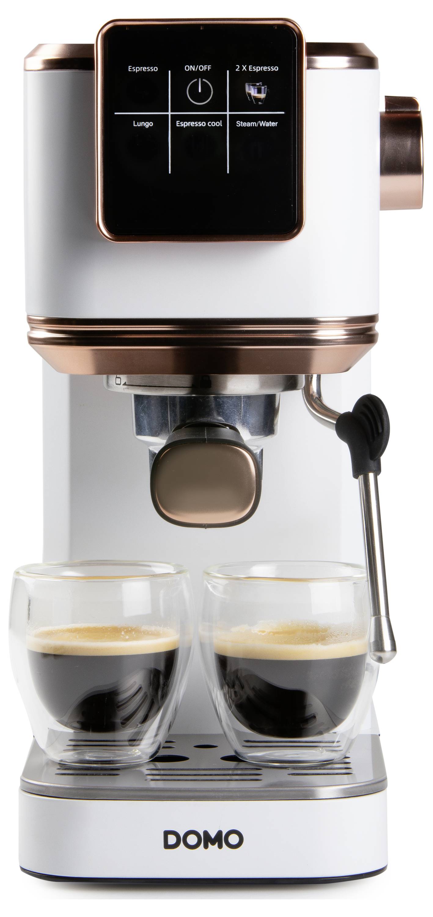 Moderní bílý a měděný espresso přístroj se dvěma naplněnými skleněnými šálky pod výdejníkem. Na základně je zobrazen brand 'DOMO'.