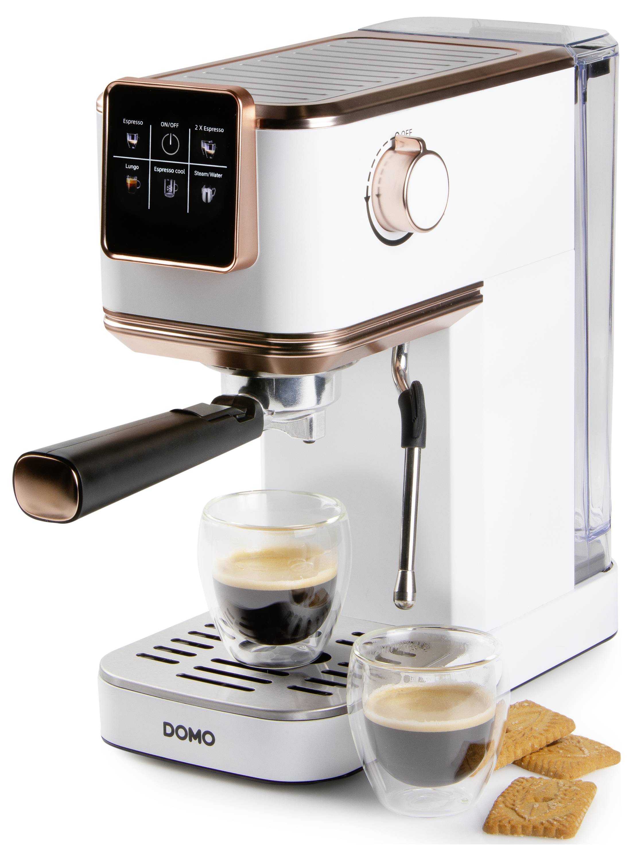 Bílý espresso kávovar s digitálním ovládacím panelem, připravující dvě šálky espressa, se dvěma sušenkami po straně.