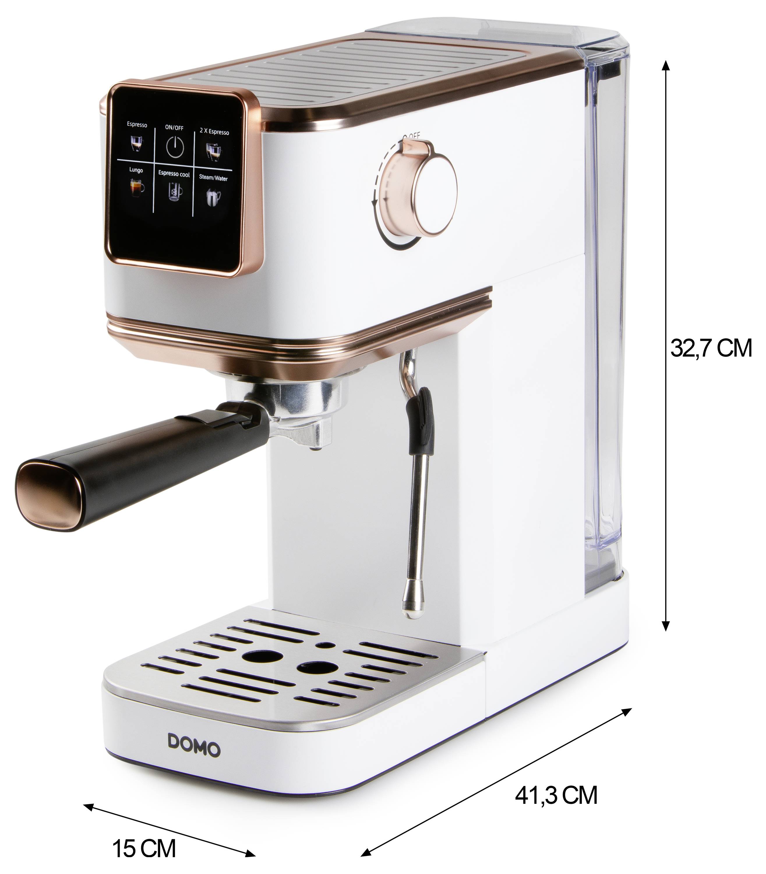 'Bílý espresso přístroj s růžovo-zlatými akcenty, digitálním displejem a napěňovačem mléka. Rozměry: 32,7 cm výška, 15 cm šířka, 41,3 cm hloubka.'