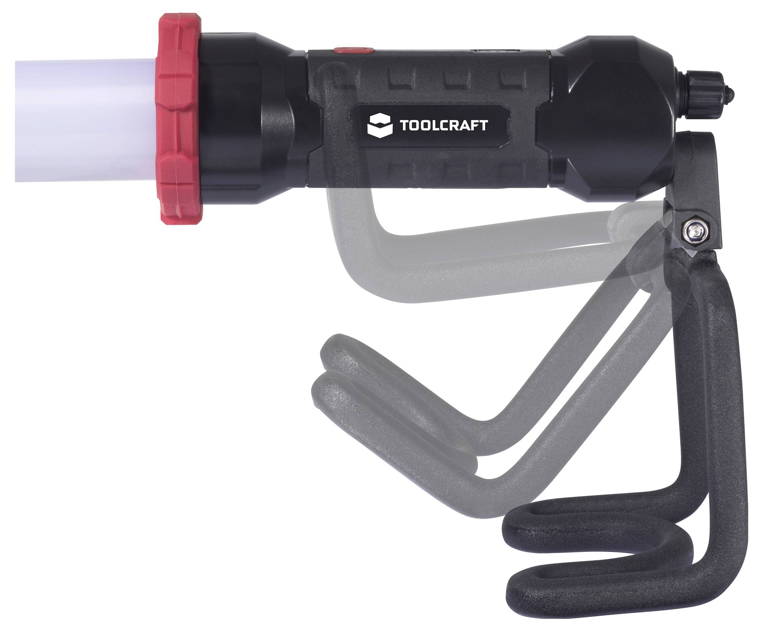 Nástroj značky "Toolcraft" pro nanášení materiálů, černý s červenou tryskou, nastavitelné madlo zobrazené v několika polohách, určený pro dávkování.