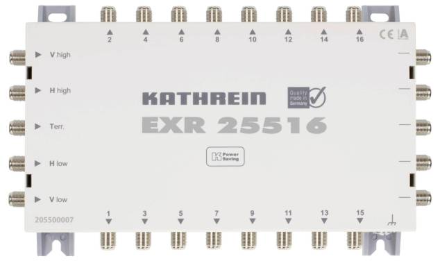 Multiswitche satelitního přijímače 'KATHREIN EXR 25516' s několika vstupními a výstupními porty, označený pro vysoké, nízké a pozemní frekvence.