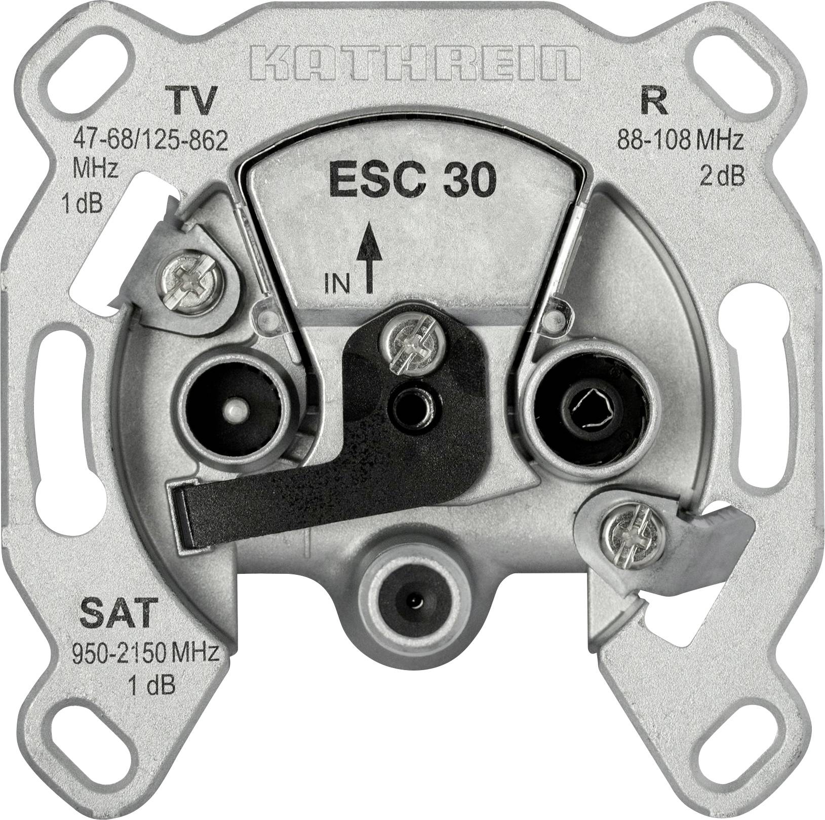 Anténní zásuvka 'Kathrein ESC 30' s označeními 'TV', 'R' a 'SAT'. Frekvenční rozsahy: 47-862 MHz, 88-108 MHz a 950-2150 MHz.
