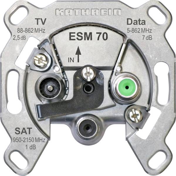 Kathrein ESM 70 anténní zásuvka SAT , TV , FM , Data  pod omítku, upevnění pomocí šroubů krabice pro jednu přípojku, krabice pro dolaďovací úsek vedení