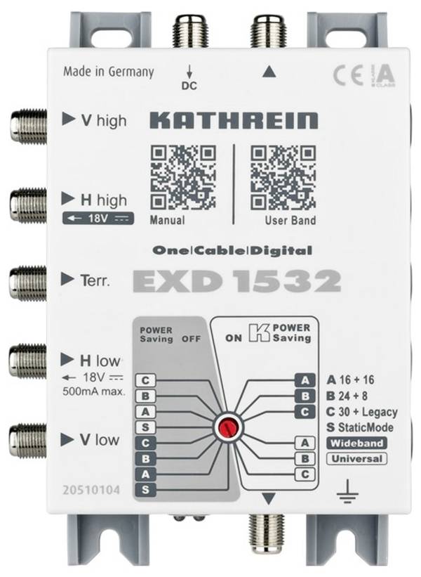 Kathrein EXD 1532 rozdělovač satelitního signálu Vstupy (vícenásobný spínač): 5 (4 SAT/1 terestrický) Počet účastníků: 32 Standby