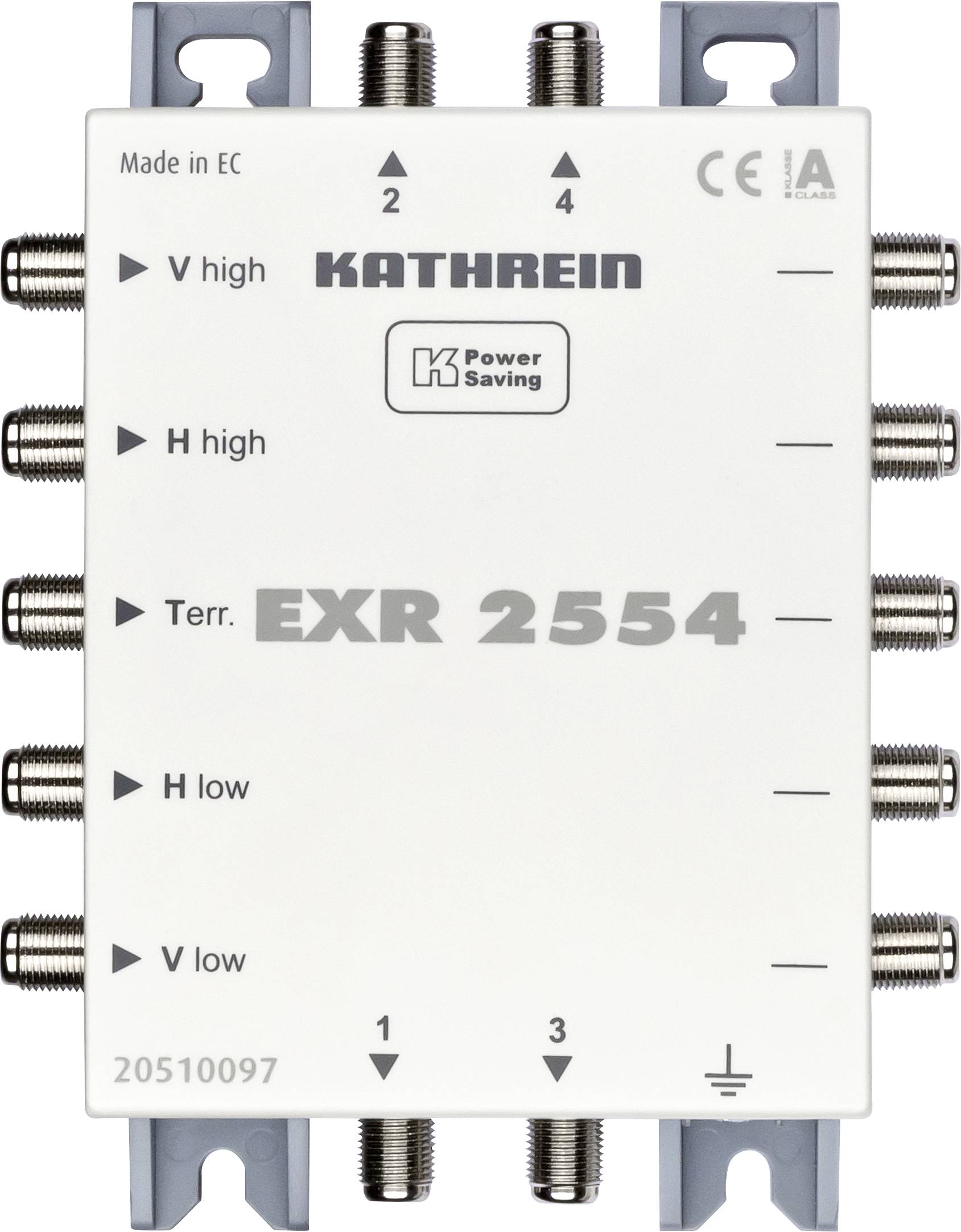 Satelitní multispínač s osmi koaxiálními kabelovými porty a funkcí úspory energie od společnosti Kathrein, model EXR 2554.