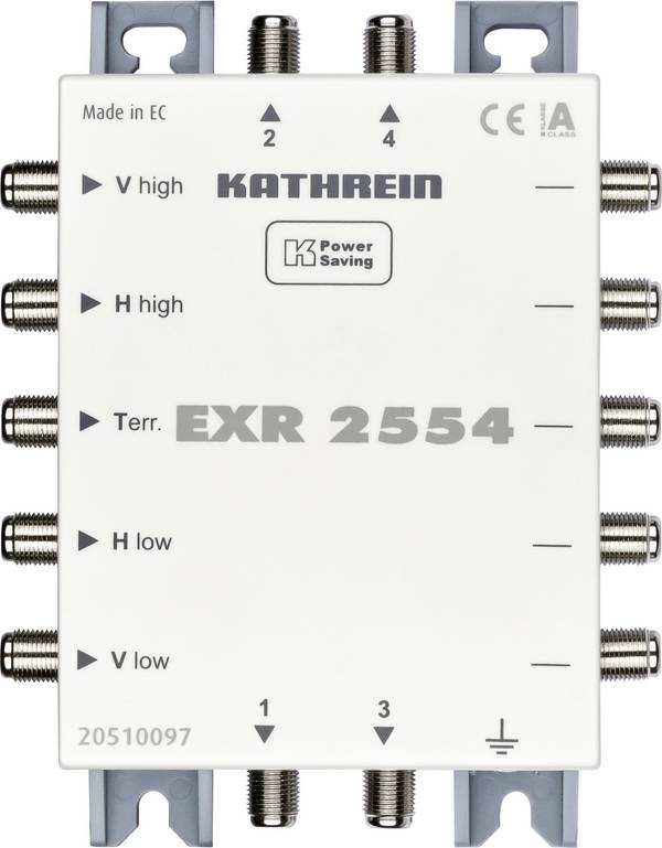 Kathrein EXR 2554 kaskádový rozdělovač pro satelitní signál Vstupy (vícenásobný spínač): 5 (4 SAT/1 terestrický) Počet účastníků: 4