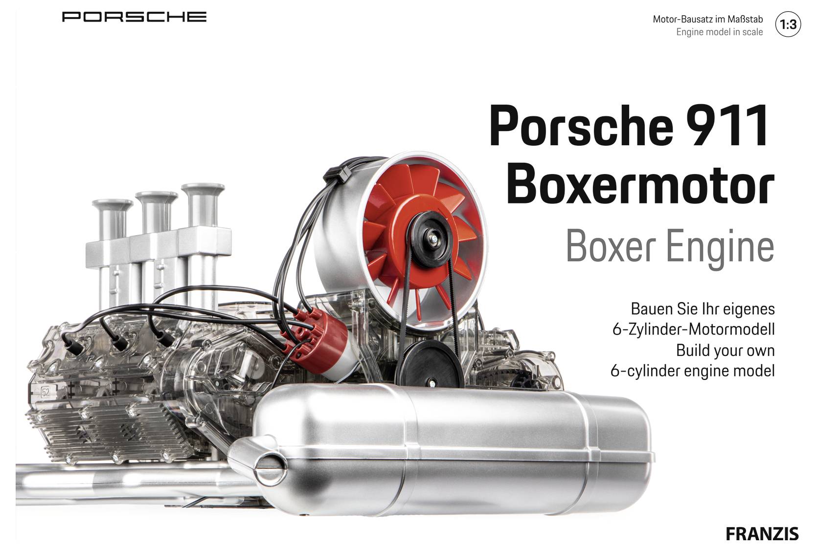 'Porsche 911 Boxerův motor' model auta s obrázkem motoru a textem 'Sestavte si svůj vlastní 6-válcový model motoru'