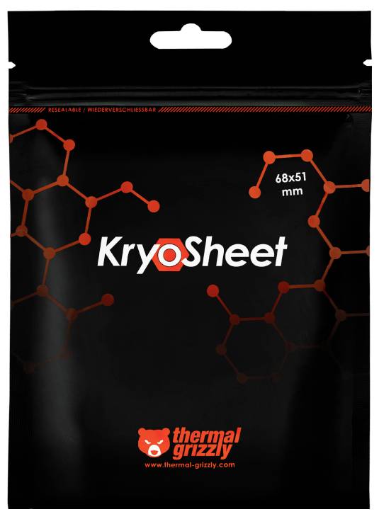 'KryoSheet 68x51 mm' obal s černým pozadím a oranžovým molekulárním designem. Prezentováno společností Thermal Grizzly pro tepelné řízení.