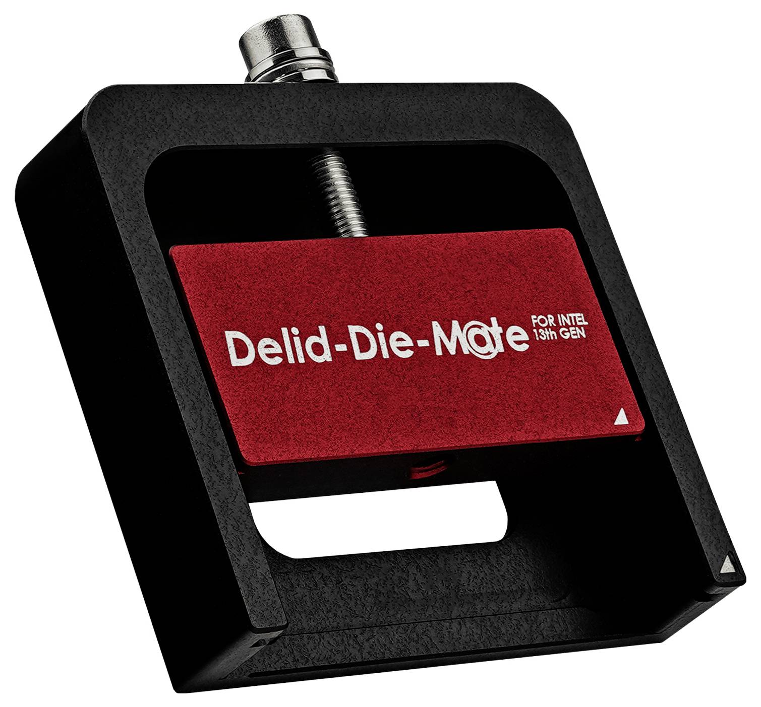 Nástroj Delid-Die-Mate navržený pro procesory Intel 13. generace s červeným svěrákem uprostřed, používaný k odstraňování tepelných krytů procesorů.