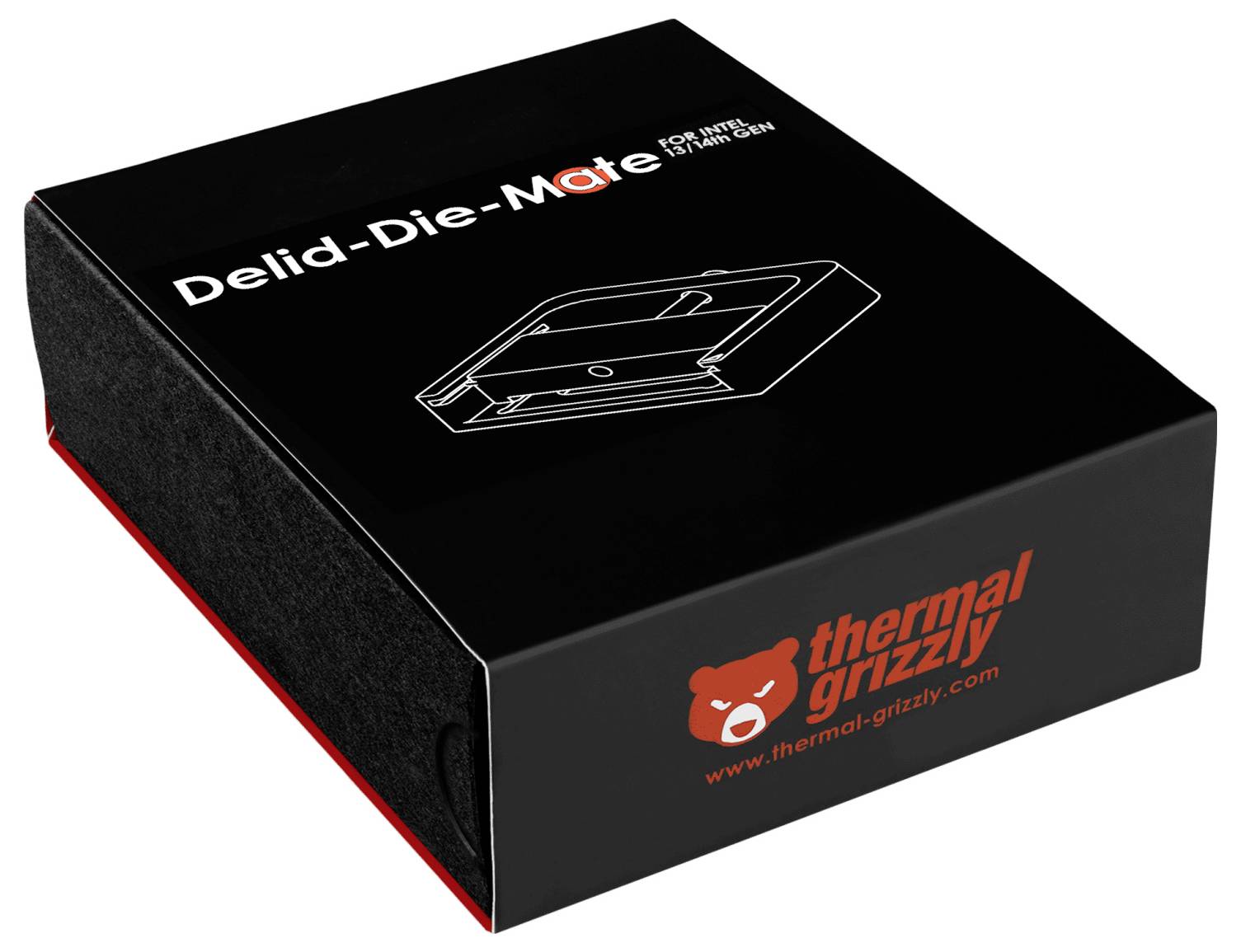 Krabice produktu 'Delid-Die-Mate' od společnosti Thermal Grizzly, určená pro procesory Intel. Černé balení s ilustrací produktu a červeným logem.