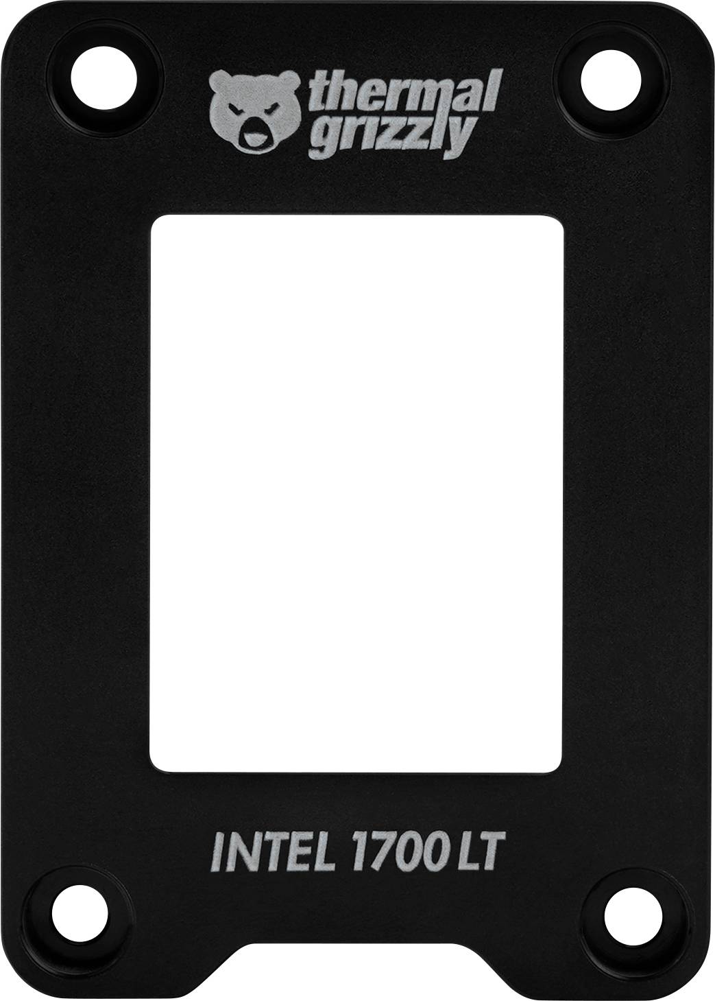Pravoúhlý černý úchyt se čtyřmi šroubovacími otvory, na horní straně označený štítkem 'thermal grizzly' a na spodní straně nápisem 'INTEL 1700 LT'.