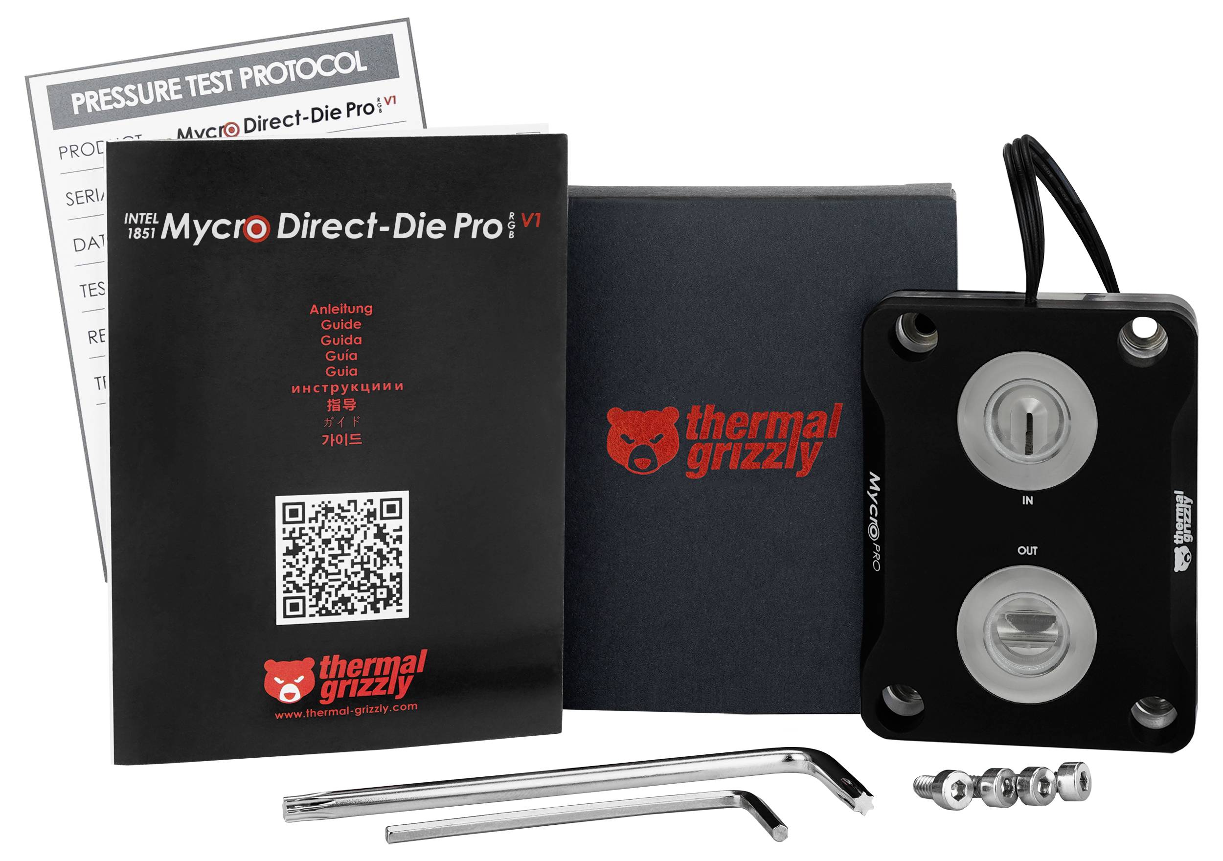 Sada 'Thermal Grizzly Mycro Direct-Die Pro' s manuály, nástroji a příslušenstvím.